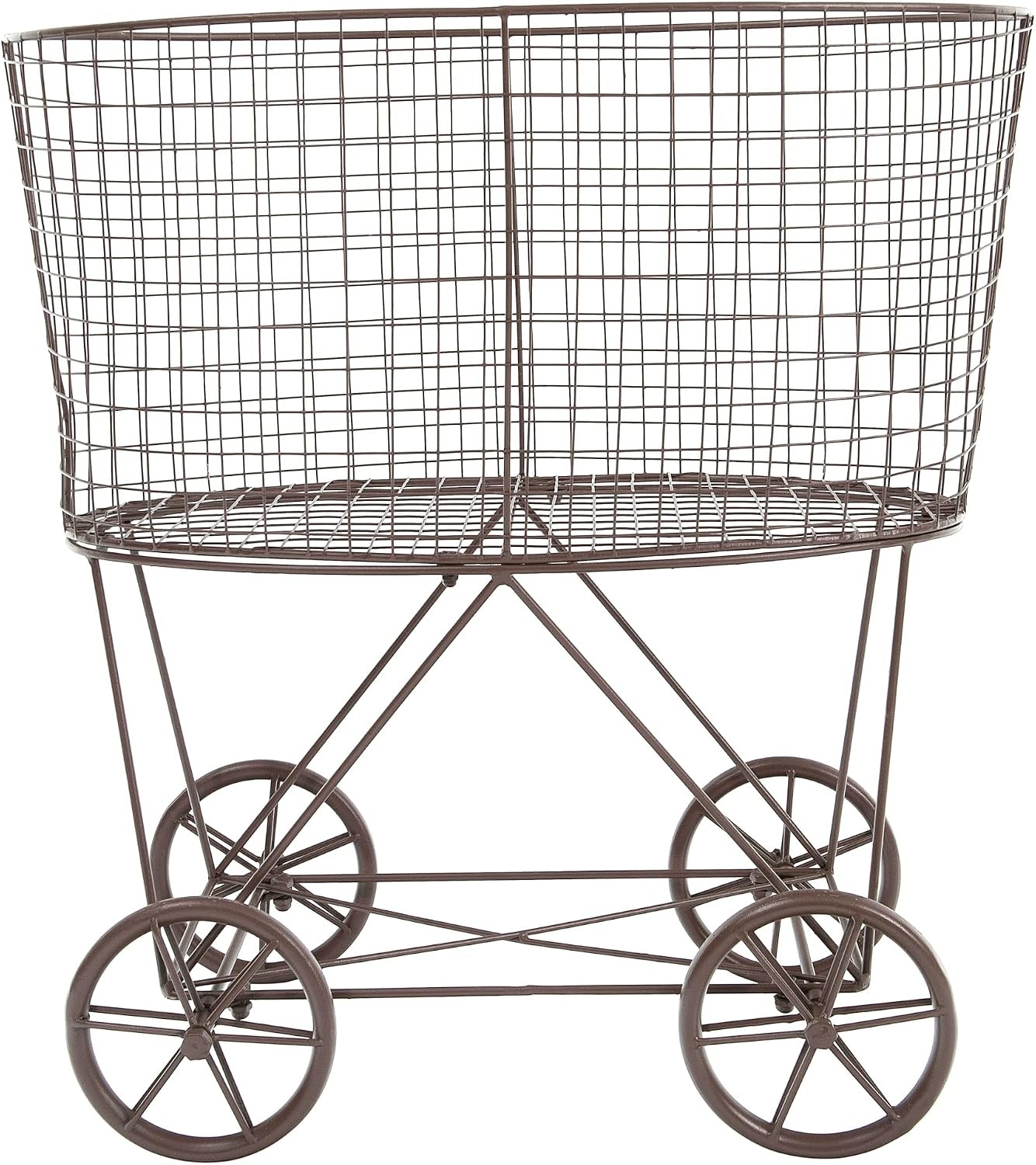 Vintage Reproduction Metal Laundry Basket on Wheels, Rust Vintage Reproduction Metal Laundry Basket on Wheels, Rust