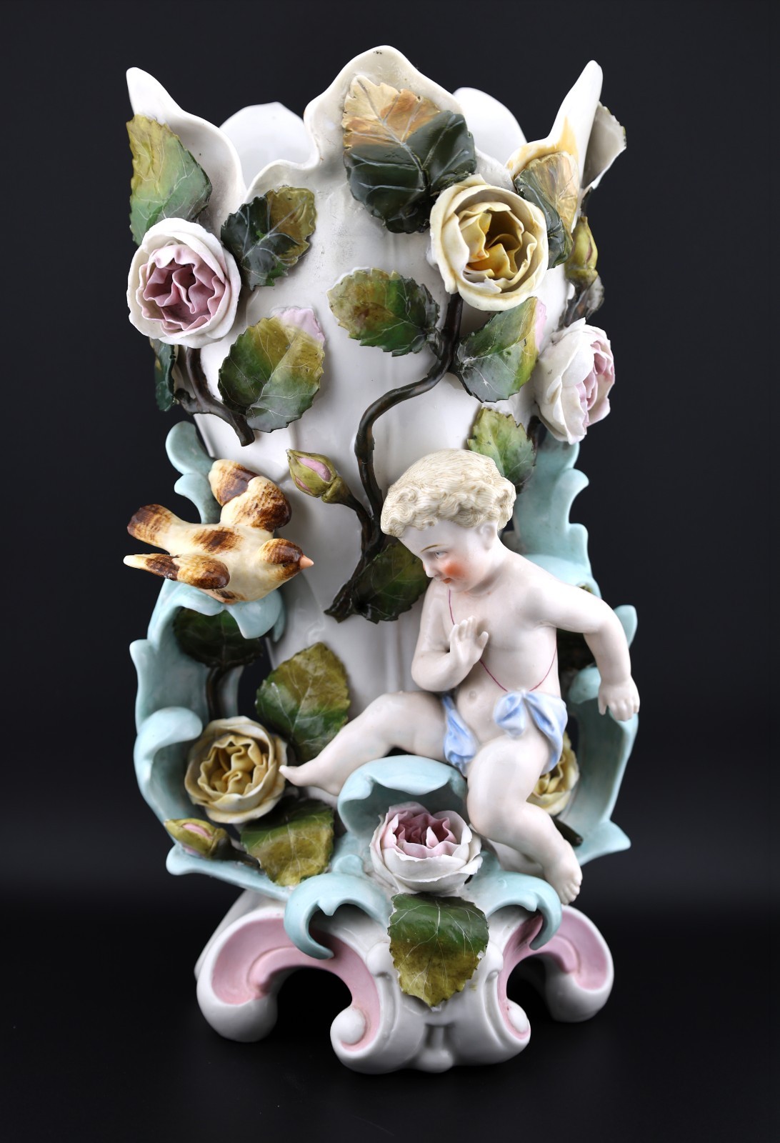Antique Sitzendorf Porcelain Cherub Vase German Putto Applied Roses c1884