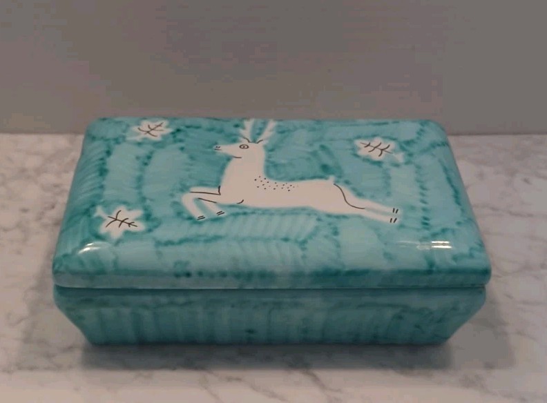 Vintage Cantagalli Italian Trinket Box W/ White Deer Motif 1960's Vintage Cantagalli Italian Trinket Box W/ White Deer Motif 1960's