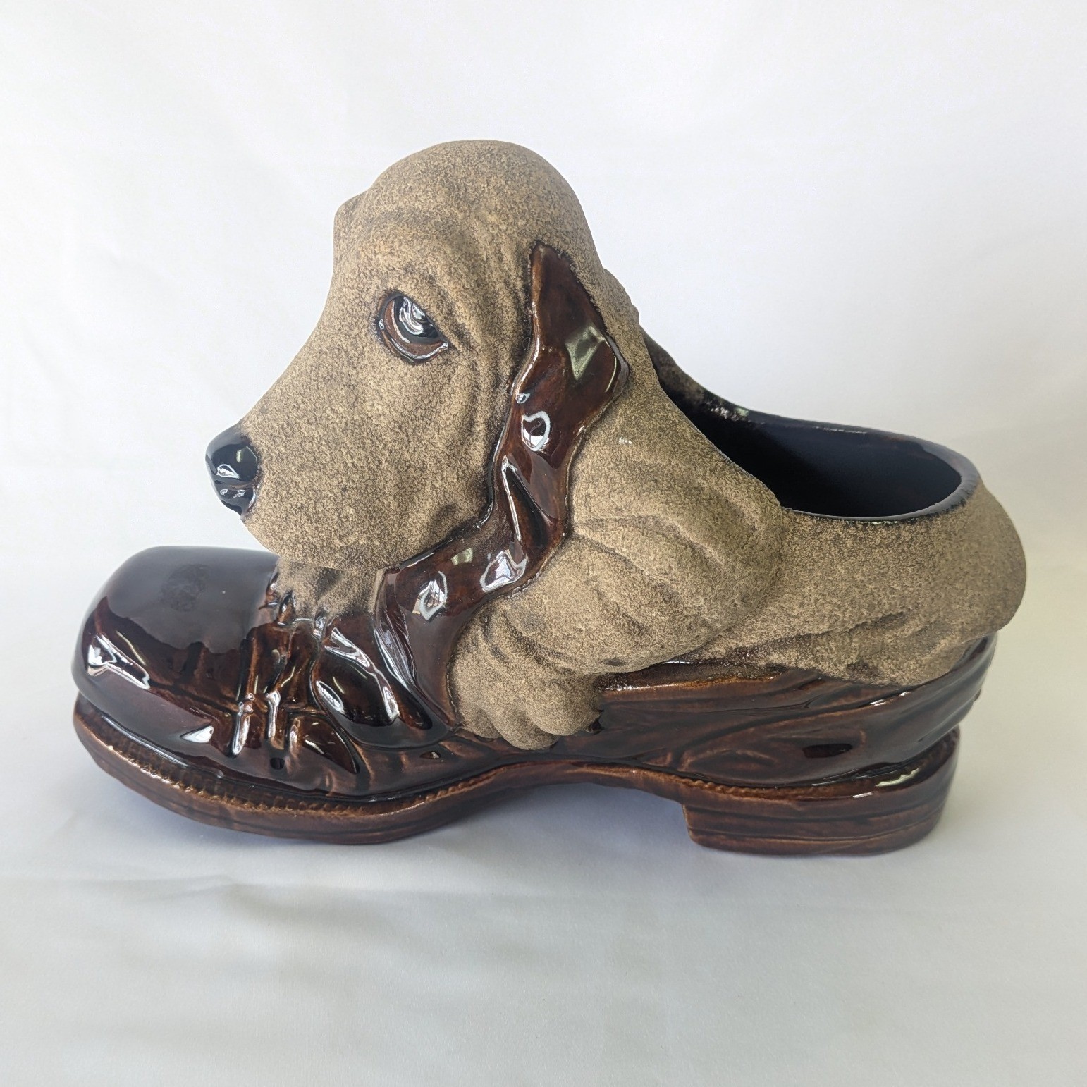 Vintage Haeger Pottery Basset Hound Dog in Shoe Planter Brown Ceramic Figurine