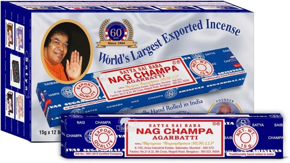Satya Sai Baba Nag Champa Agarbatti Pack of 12 Incense 15g*12=180g, Brown Satya Sai Baba Nag Champa Agarbatti Pack of 12 Incense 15g*12=180g, Brown