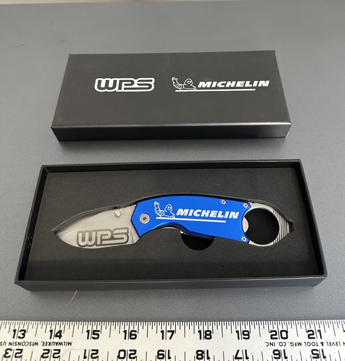 NEW Michelin Tires WPS Collector Folding Knife Blue Anodized Aluminum Handle Box