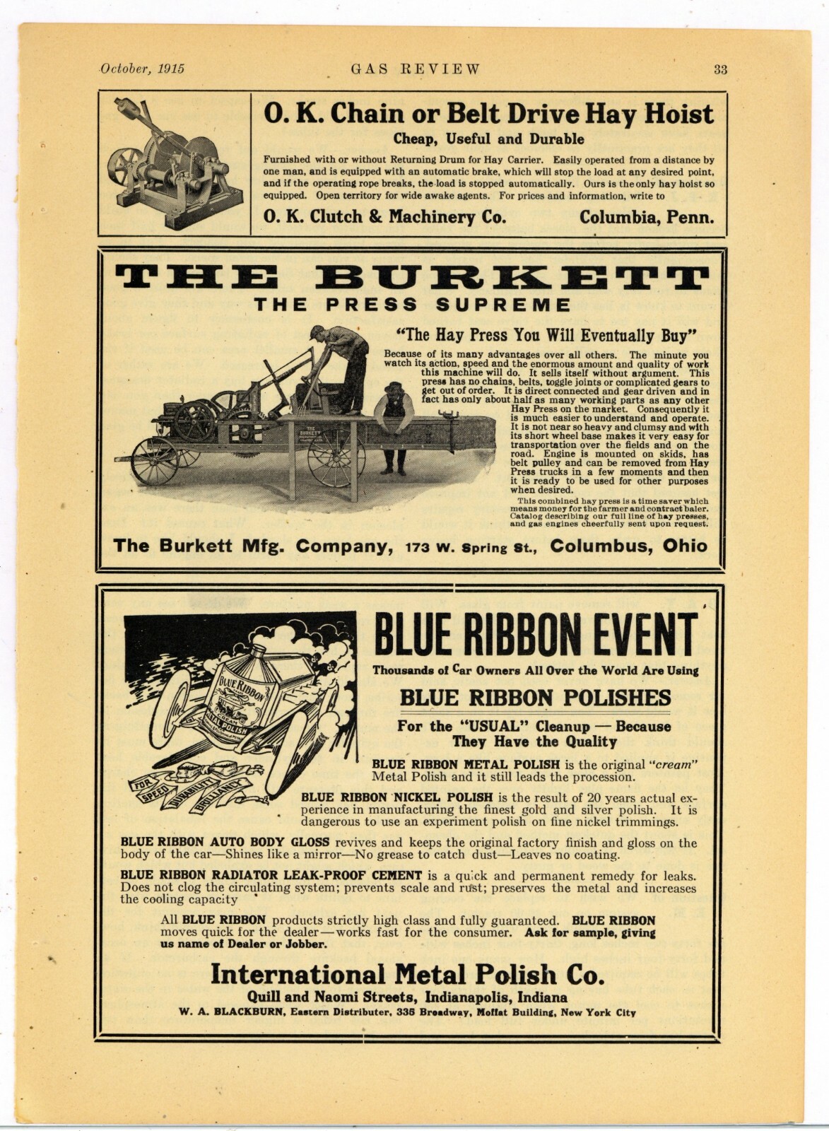 1915 Burkett Hay Press Ad: 1915 Burkett Hay Press Ad: