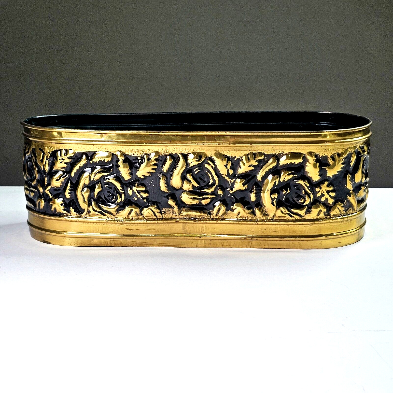 Vintage Brass and Black Planter Long Rose Flower Embossed Made in Japan 11x4.5in