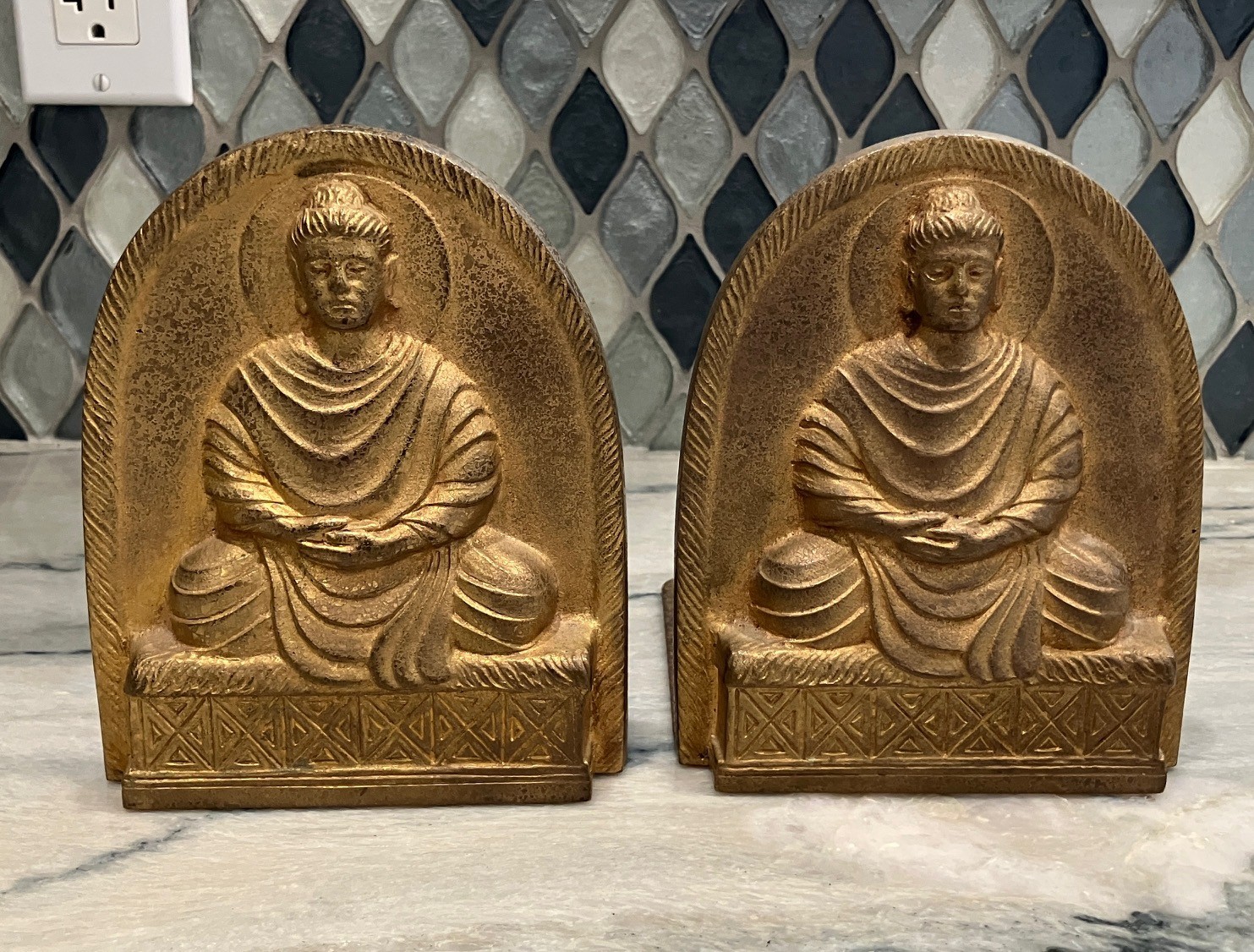 Antique Bronze Buddha Bookends, Tiffany Studios, # 1025, Original Gilded Finish Antique Bronze Buddha Bookends, Tiffany Studios, # 1025, Original Gilded Finish