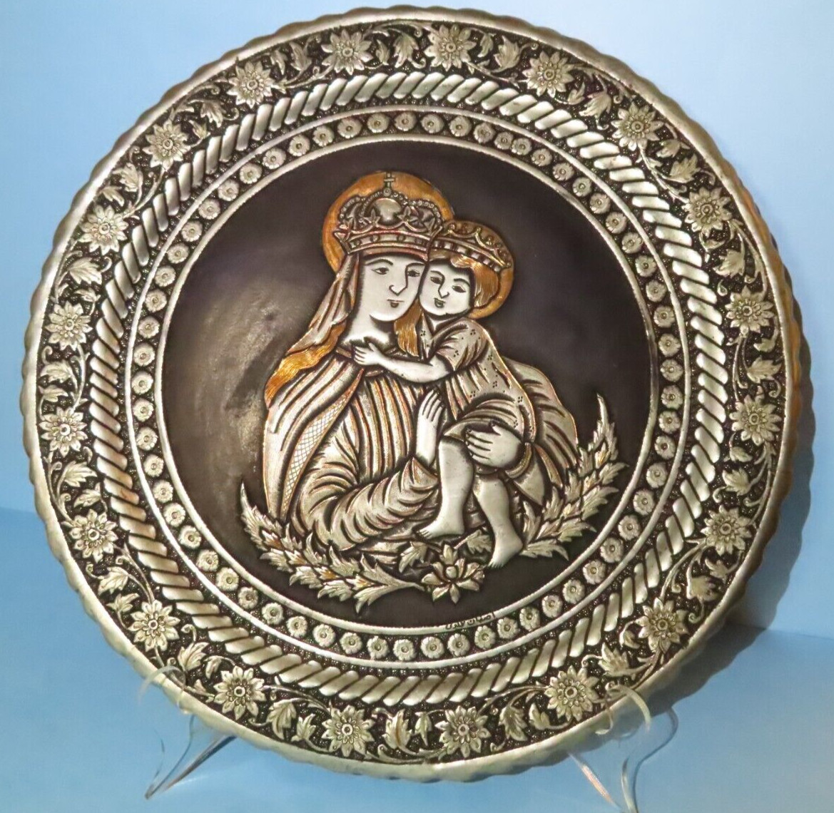 Lg Vintage Russian Holy Virgin & Child Icon Plaque Mixed Metal Copper Plate 15 Lg Vintage Russian Holy Virgin & Child Icon Plaque Mixed Metal Copper Plate 15