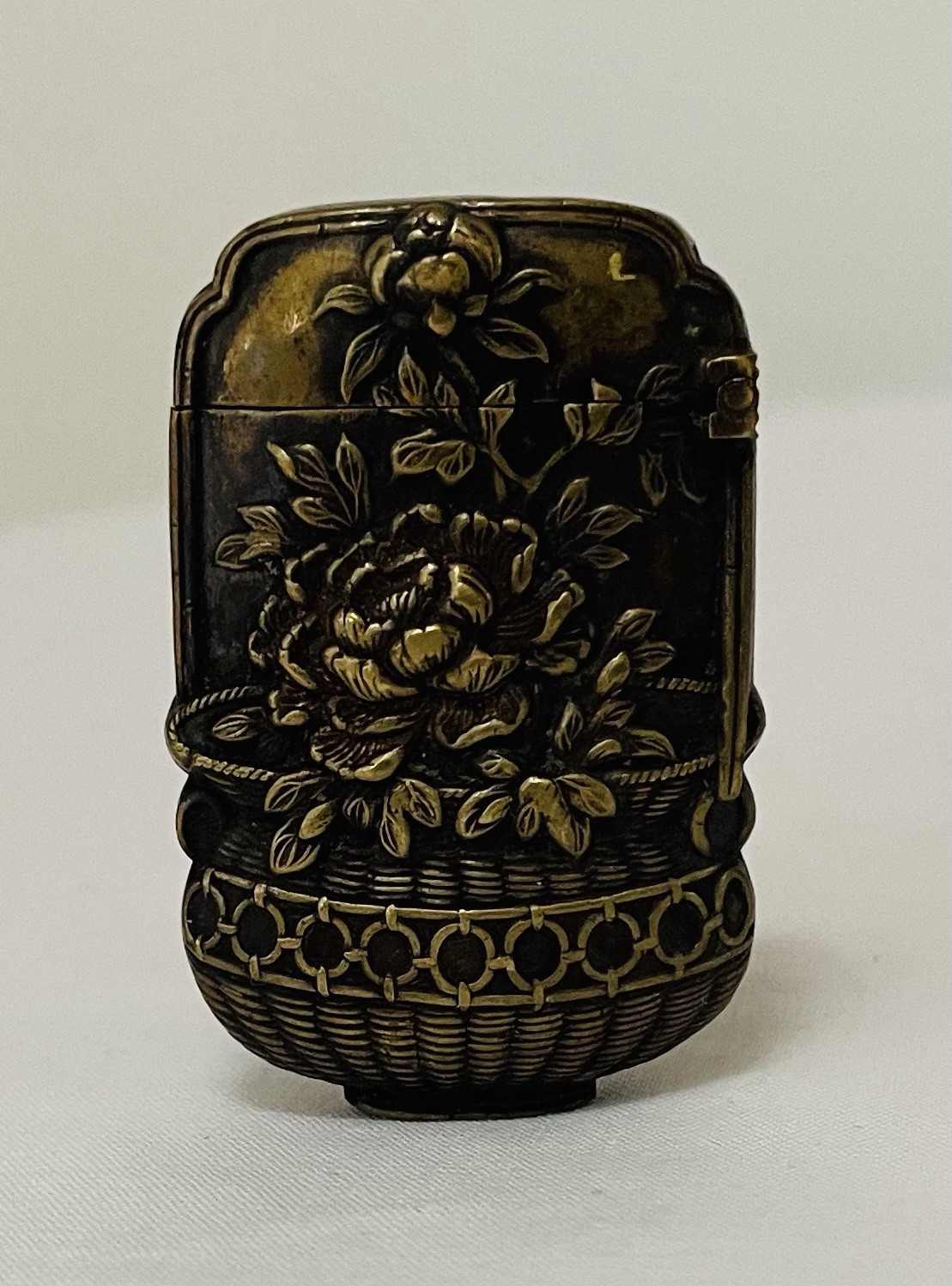 Vintage Brass Metal Asian Peony Flowers Basket Match Safe Vesta Japanese Vintage Brass Metal Asian Peony Flowers Basket Match Safe Vesta Japanese