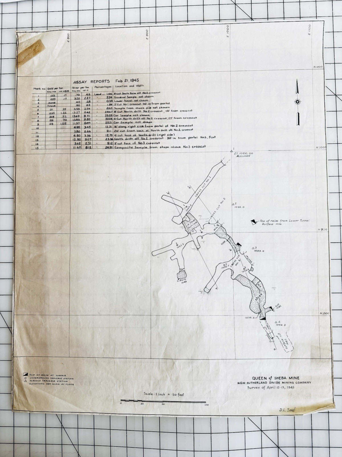 1945 Queen of Sheba Mine Map Death Valley CA Survey Signed by Engineer D L Seal
