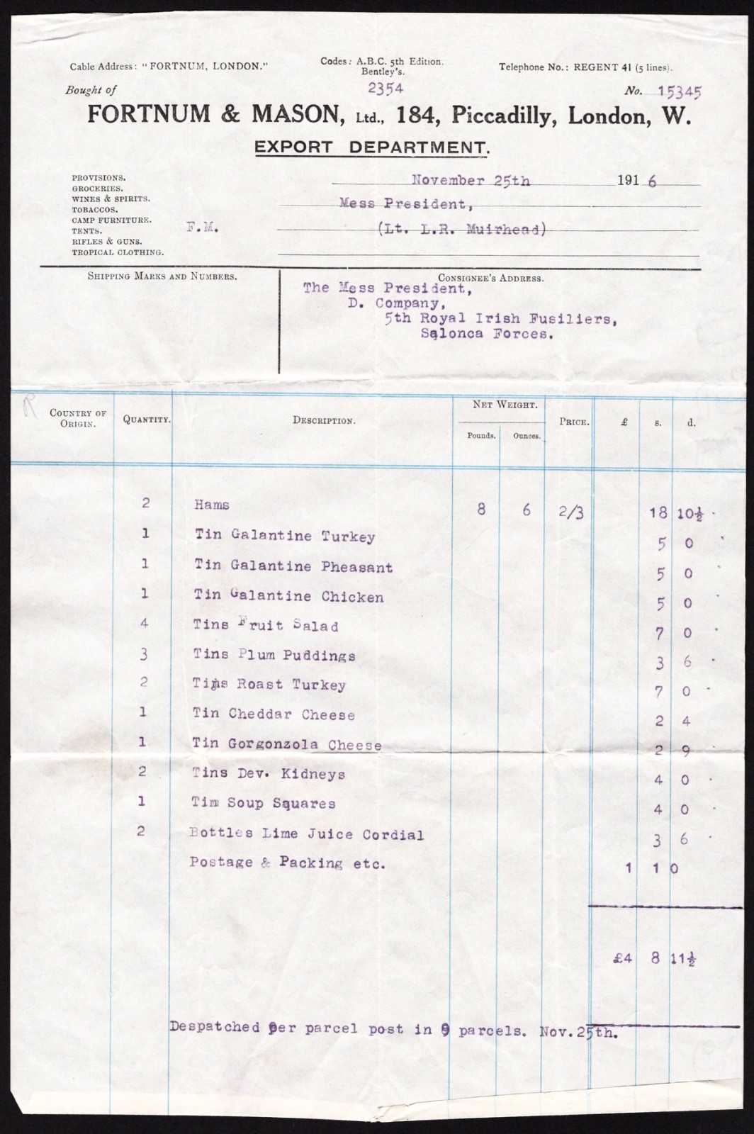 1916 WWI Royal Irish Fusiliers Salonika Christmas Dinner Fortnum & Mason Invoice