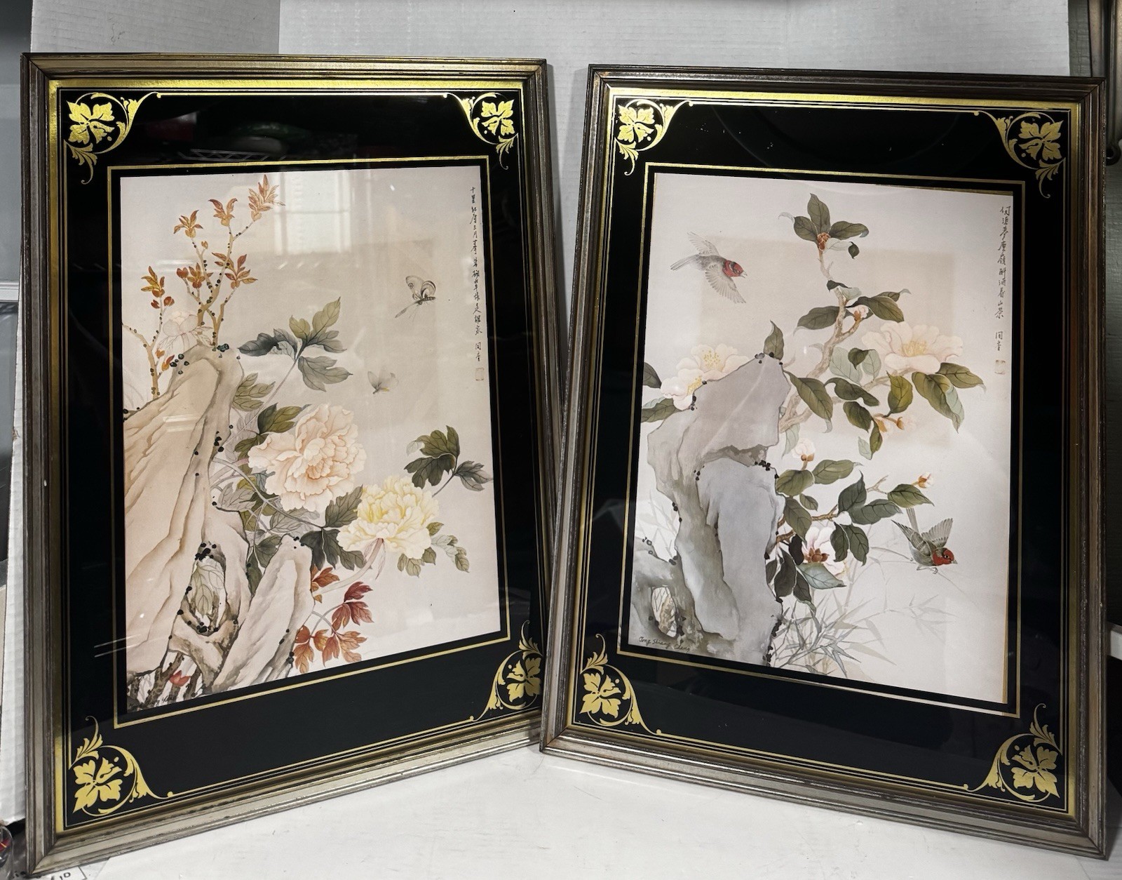 Pair Set Oriental Print Framed Birds / Dragonfly Floral Lee Tong Shaing Chang