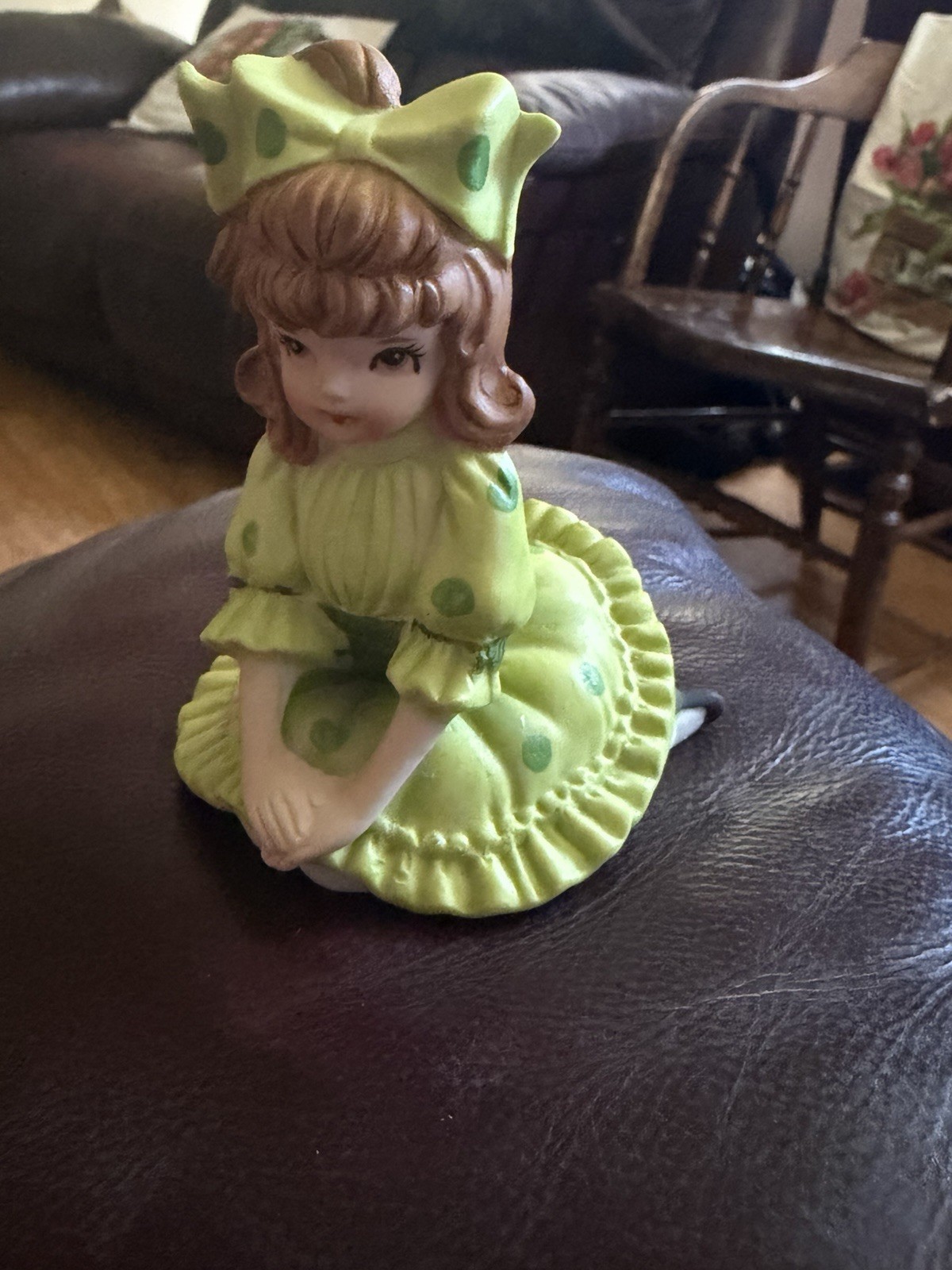 Vtg Lefton Sitting Bloomer Girl in Green Big Bow Polka Dots Figurine Vtg Lefton Sitting Bloomer Girl in Green Big Bow Polka Dots Figurine