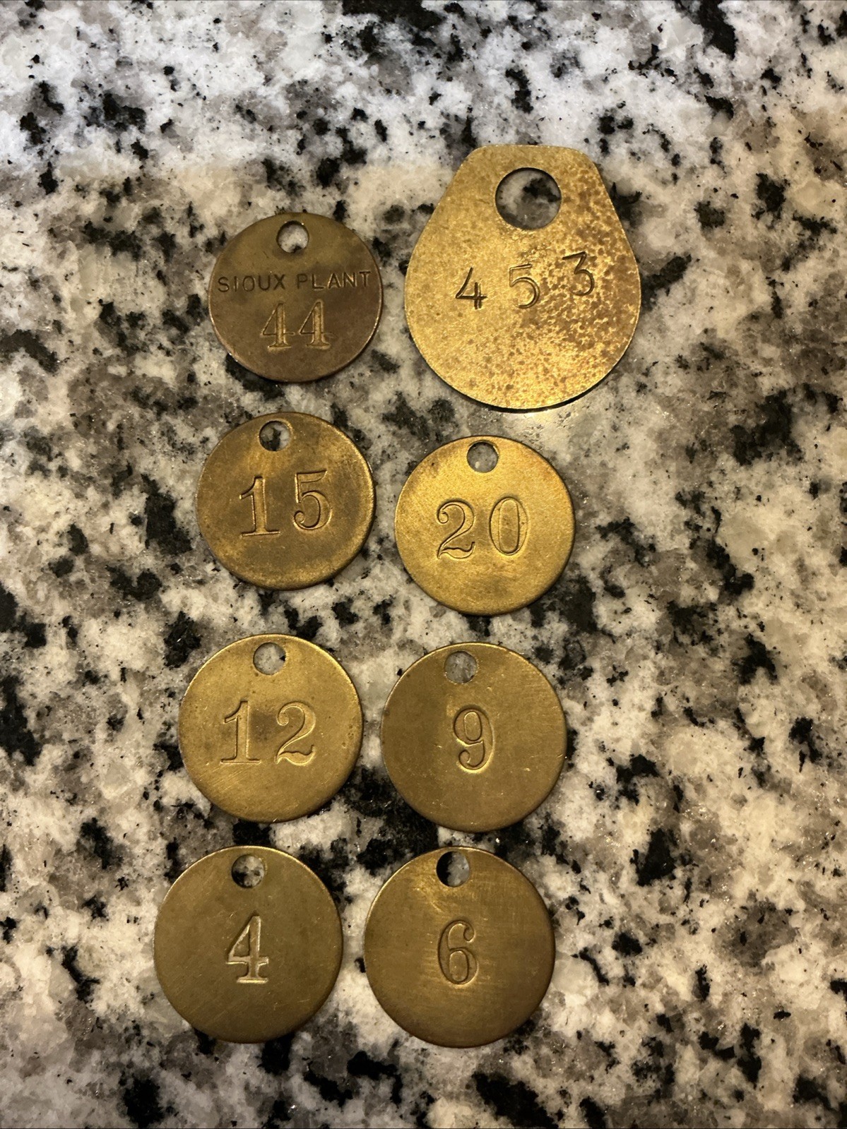 Vintage brass Sioux plant employee tool tag Lot x8 Coal Plant Numbered ID Tags Vintage brass Sioux plant employee tool tag Lot x8 Coal Plant Numbered ID Tags