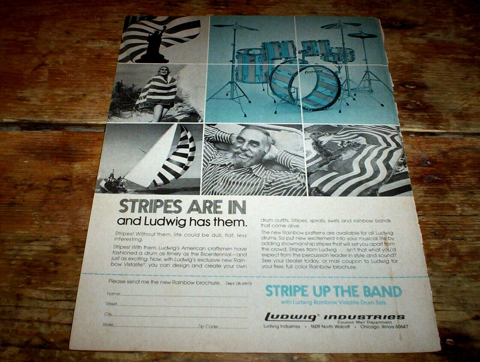 LUDWIG DRUMS ( STRIPES blue ) ORIG 1975 U.S. Vintage magazine PROMO Ad NM- LUDWIG DRUMS ( STRIPES blue ) ORIG 1975 U.S. Vintage magazine PROMO Ad NM-