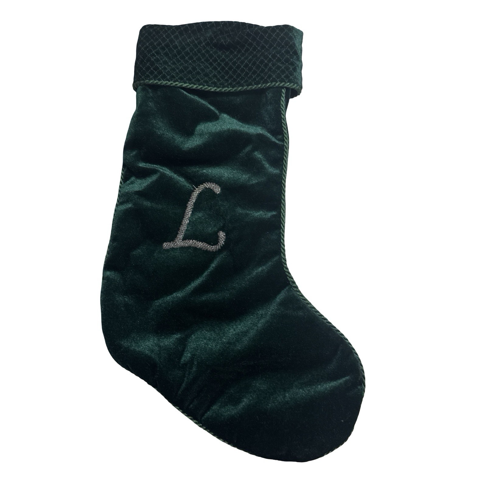 Prima creations Green  monogrammed silver L Christmas stocking 19”
