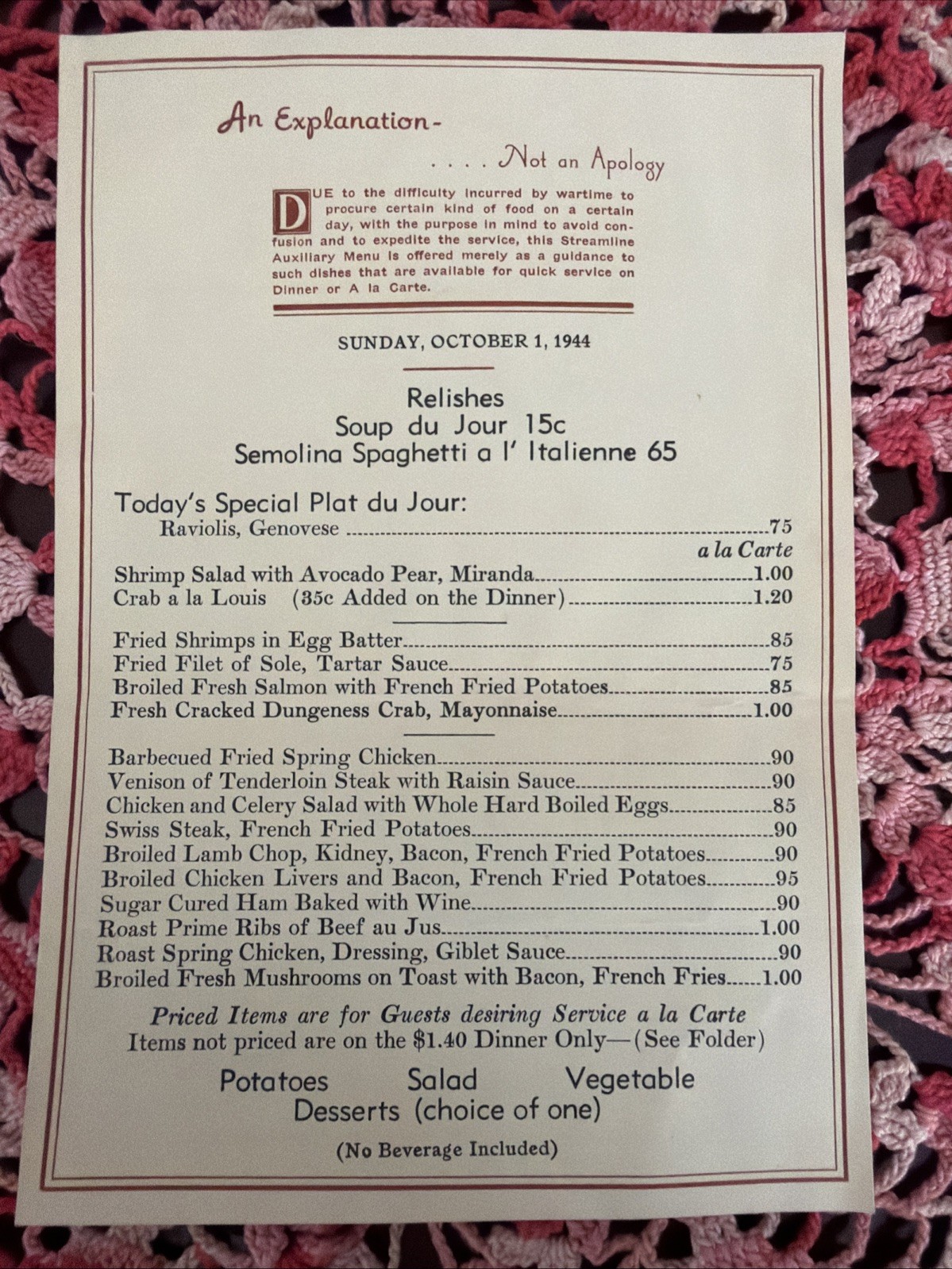 1944 WW2 Wartime Ration Restaurant Menu Unknown Location Dinner 10-1-44 1944 WW2 Wartime Ration Restaurant Menu Unknown Location Dinner 10-1-44