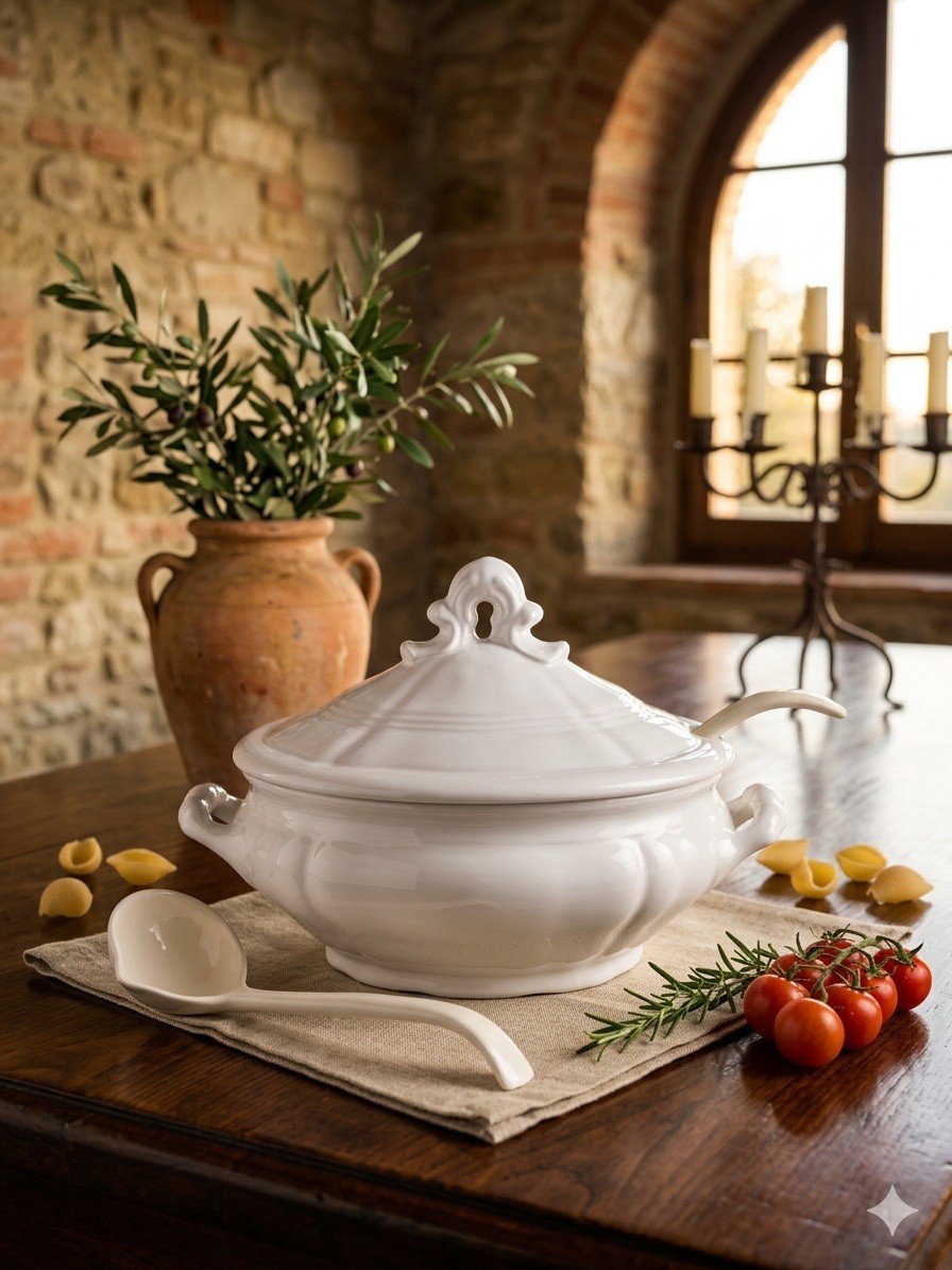 Vintage Cantagalli Italy White Ceramic Soup Tureen with Lid and Ladle