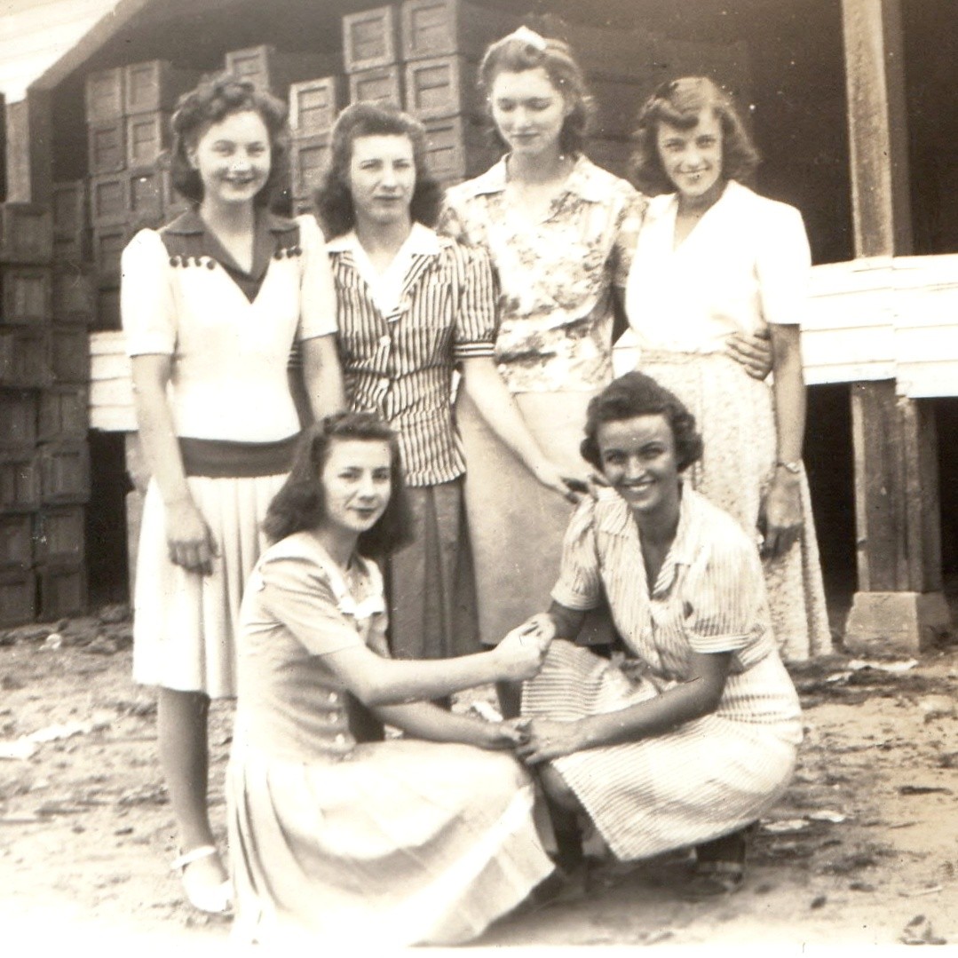 c1940s Young Women Wooden Crates Shed Snapshot Photo Deckle Edge Fashion Dresses