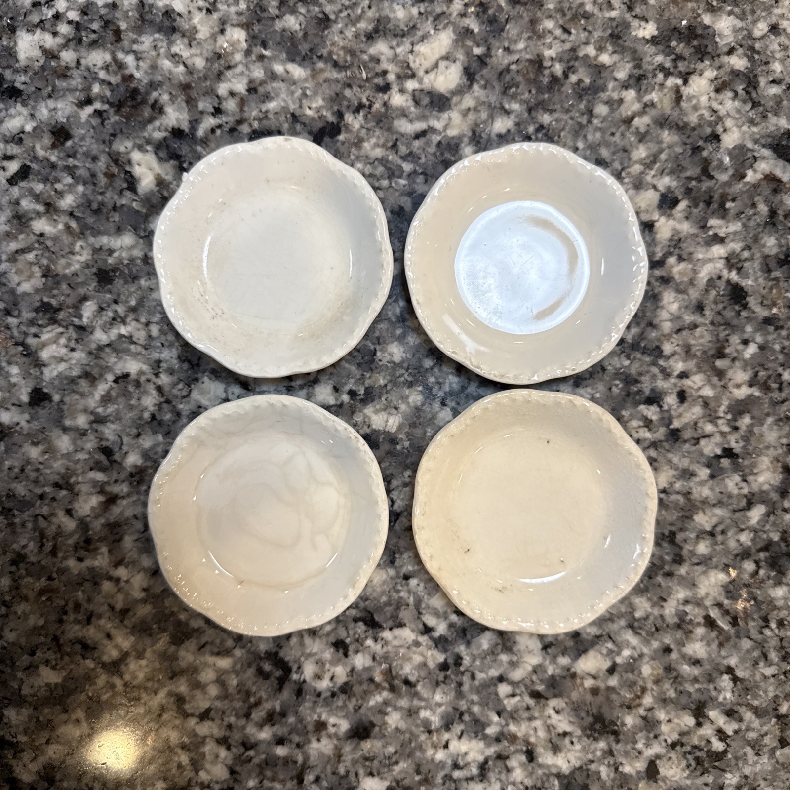 4 Old Vintage Johnson & Bros White/Beige Ironstone BUTTER PATS Stained Crazed 4 Old Vintage Johnson & Bros White/Beige Ironstone BUTTER PATS Stained Crazed
