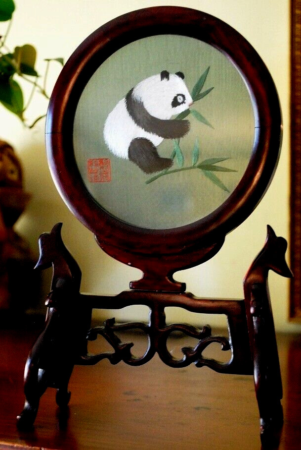 Vtg Asian PANDA Embroidered SILK SCREEN Under Glass Wood Swivel Stand SIGNED