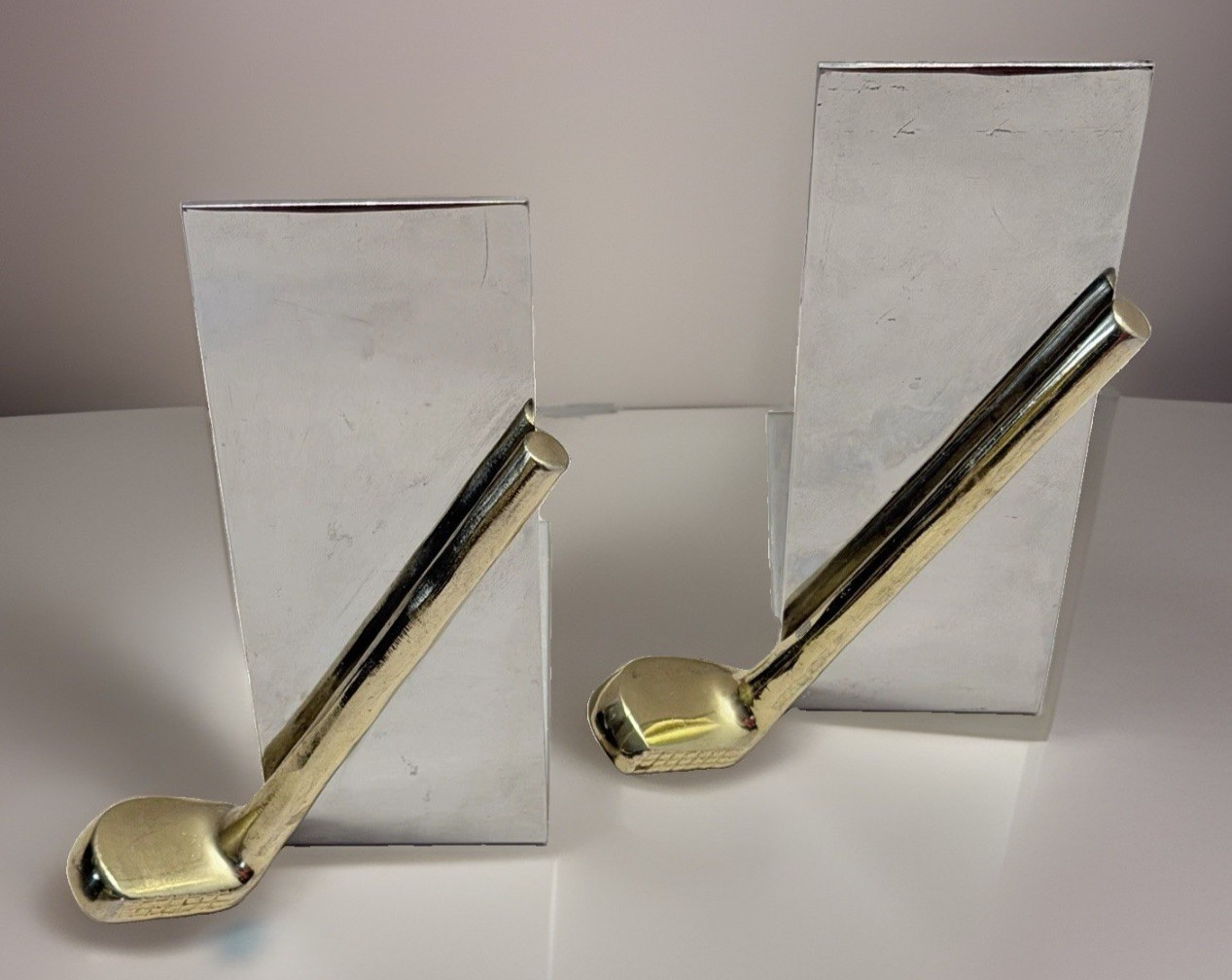 VTG MCM Chrome Golf Club Bookends Office Decor Silver Gold Metal Pair Retro Mod VTG MCM Chrome Golf Club Bookends Office Decor Silver Gold Metal Pair Retro Mod