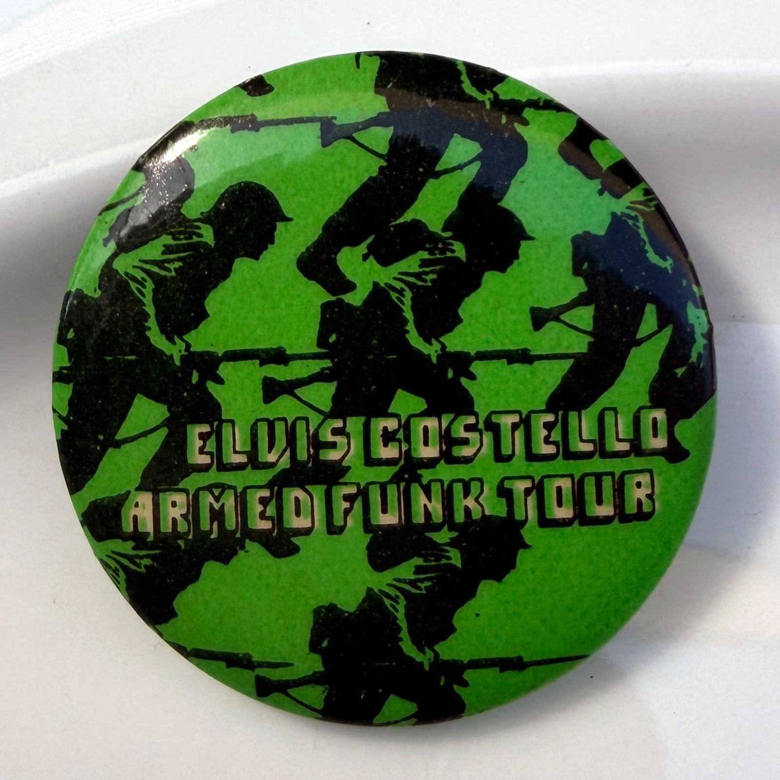 RARE vintage 1979 ELVIS COSTELLO promo pin Armed Funk Tour badge 1.25\ RARE vintage 1979 ELVIS COSTELLO promo pin Armed Funk Tour badge 1.25\