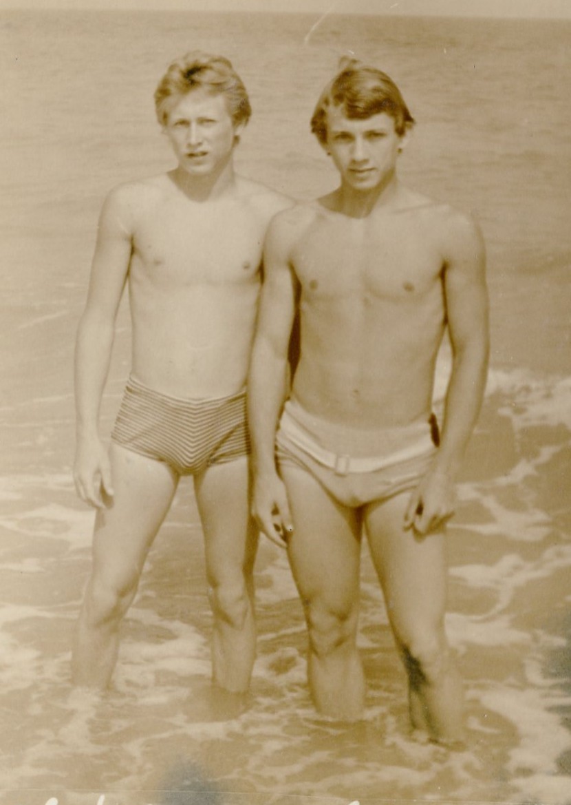 Shirtless Handsome young men couple bulge beach trunks gay vintage photo