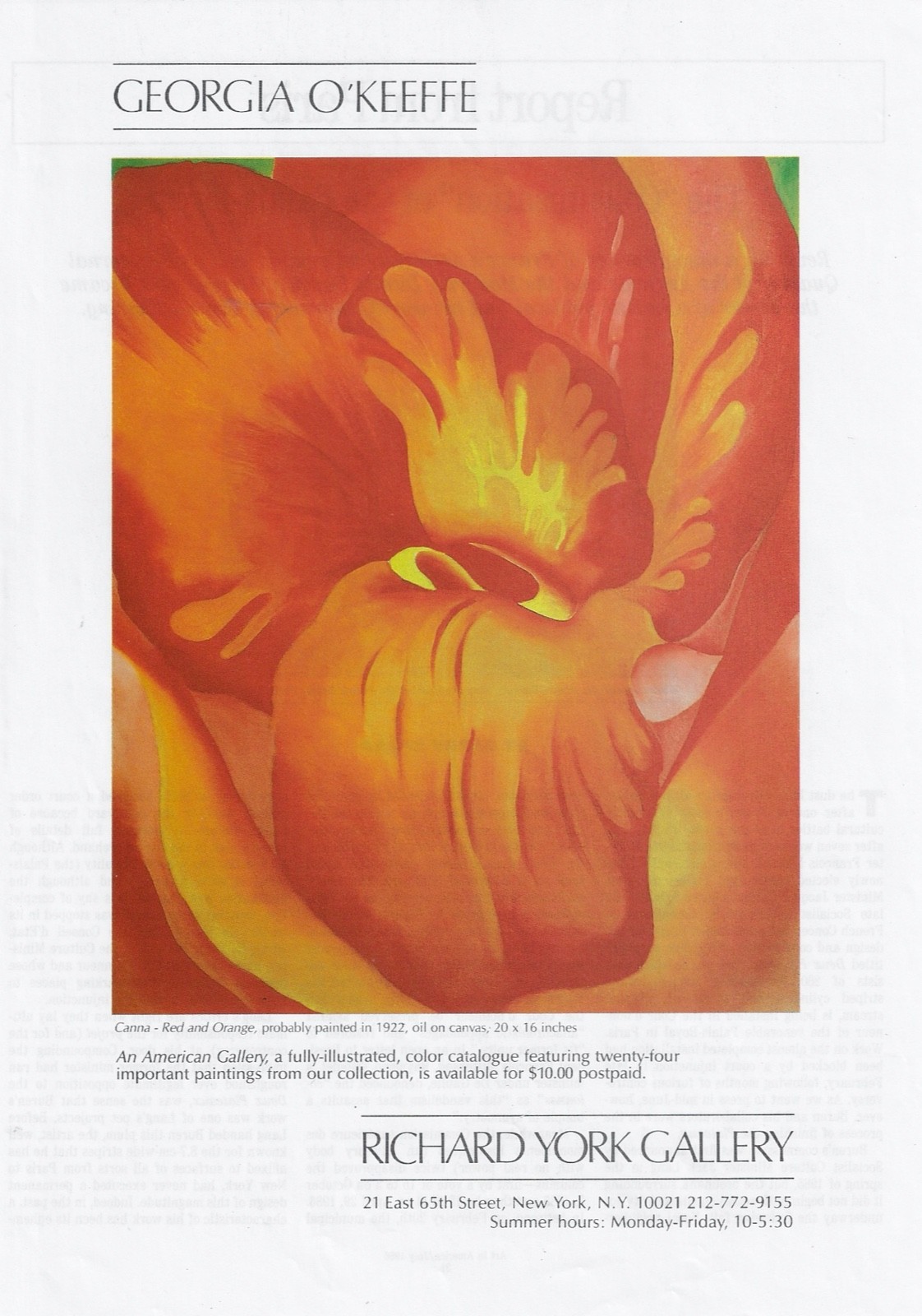 GEORGIA O' KEEFFE c1922 Red & Orange Canna Art Gallery 1986 Print Ad GEORGIA O' KEEFFE c1922 Red & Orange Canna Art Gallery 1986 Print Ad