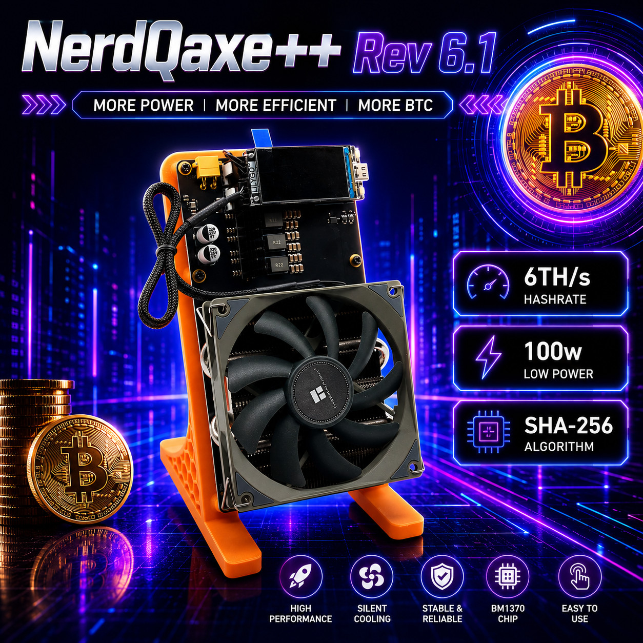 New NerdQaxe++ Rev 6.1 6T 100W BTC Miner 2.4G WiFi BM1370 chip Sha-256 algorithm