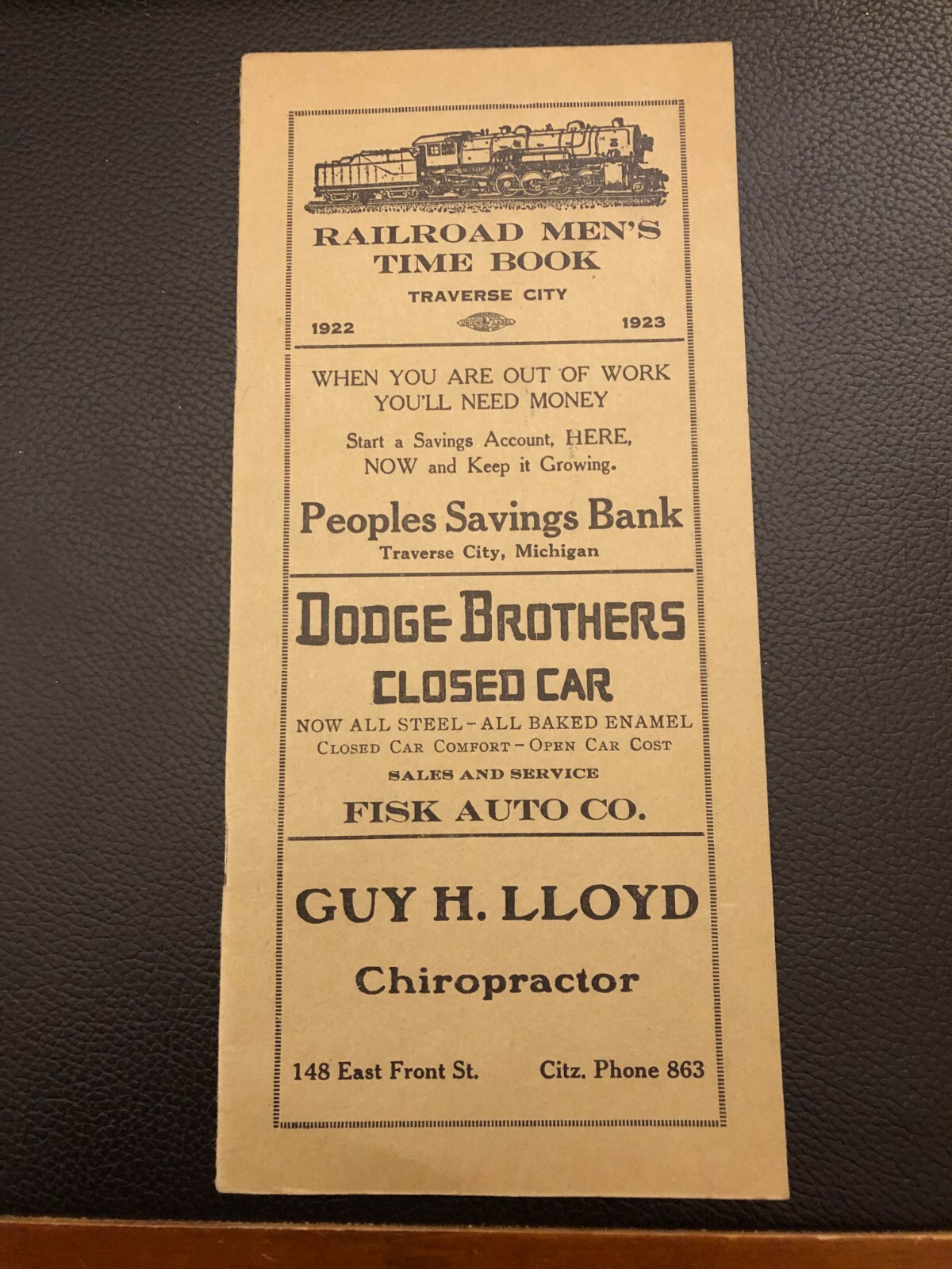 Antique 1922-1923 Traverse City Michigan Advertising, Railroad Mens Time Book Antique 1922-1923 Traverse City Michigan Advertising, Railroad Mens Time Book