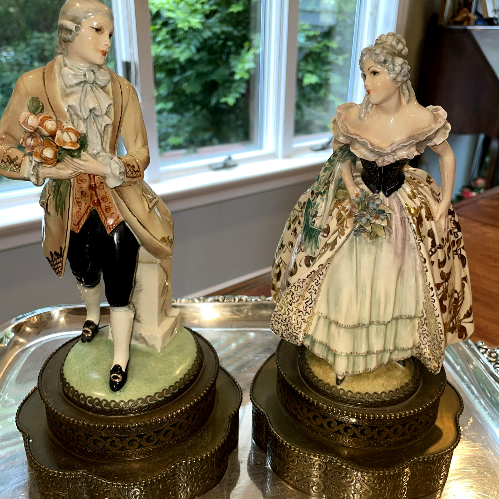 Vintage Ornate Victorian Style Porcelain Figurines  Pierced Brass Base Pair Lot