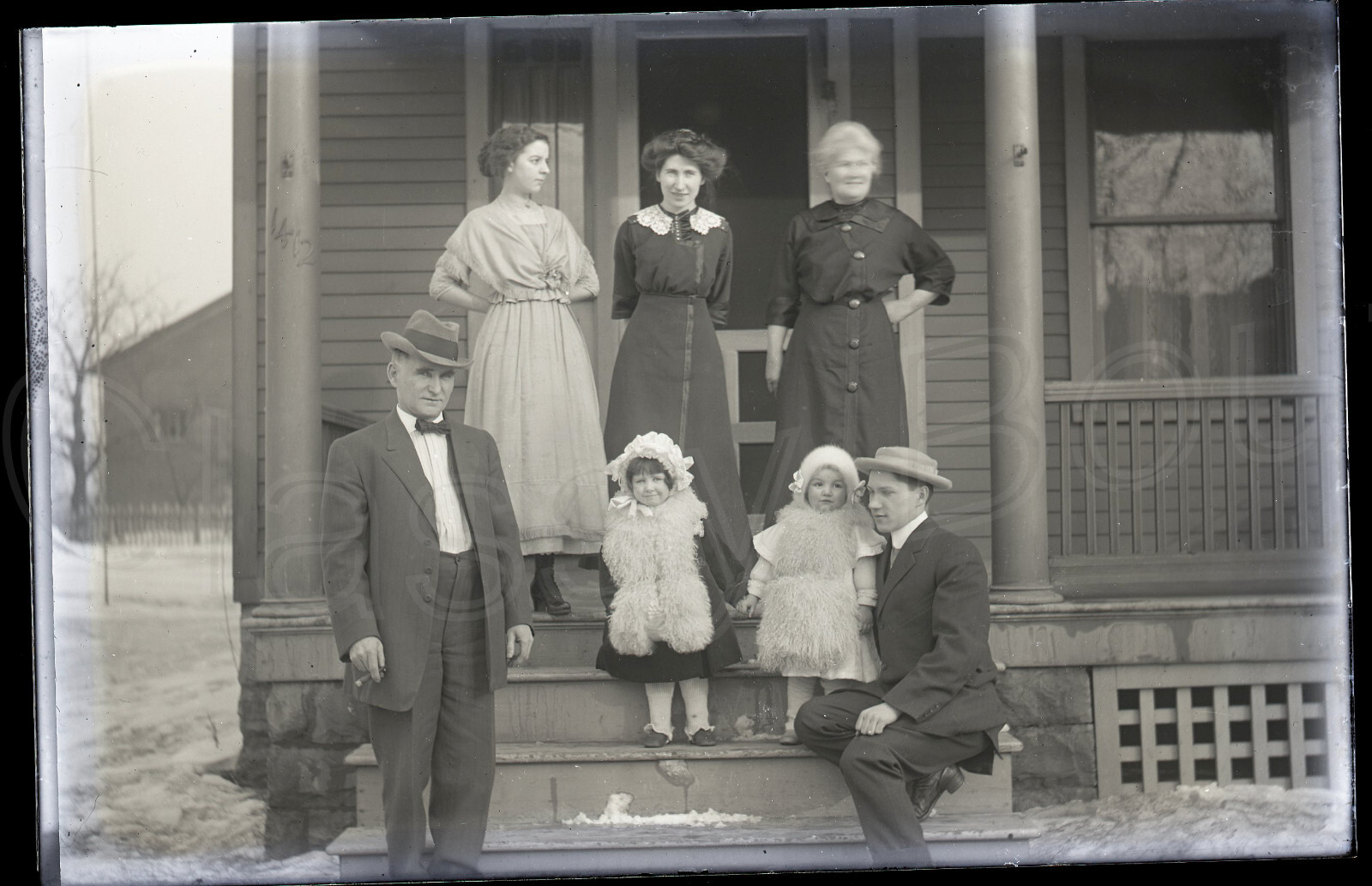 Antique Negative Glass Slide Americana Porch Group Family Fur Babies #B53