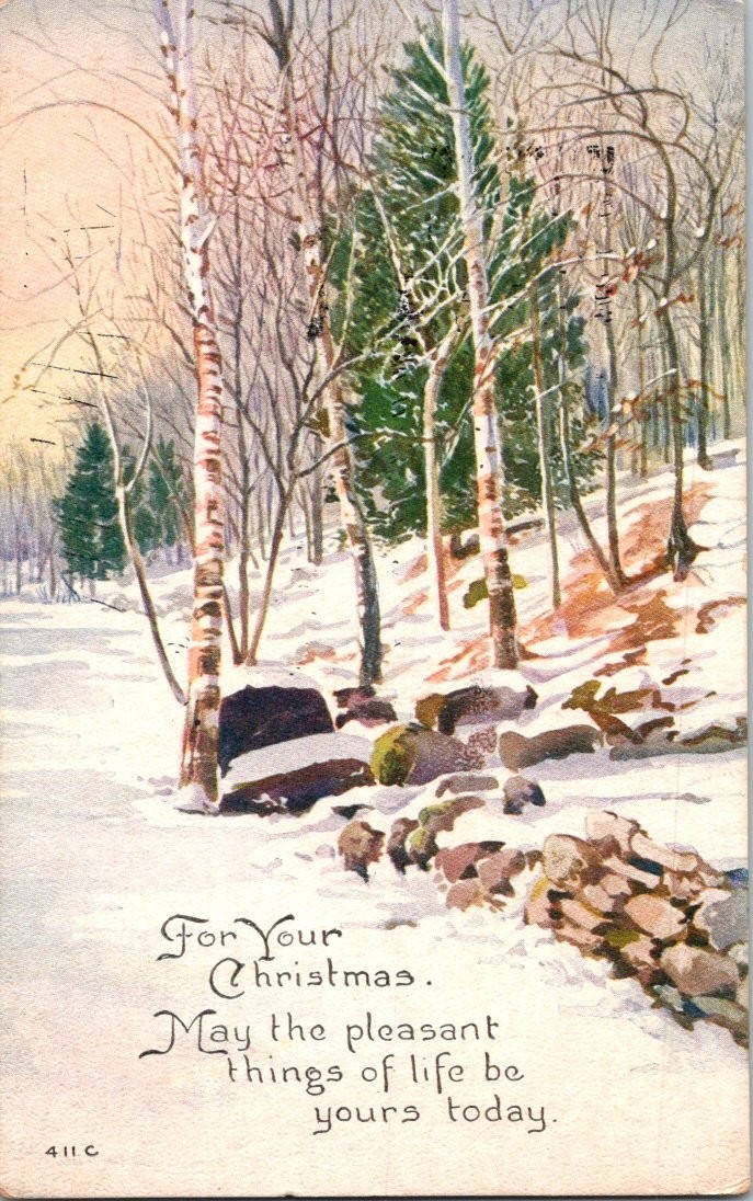 1919 Christmas Postcard Snowy Winter Woods Birch Trees Owen Card Pub Co Warren