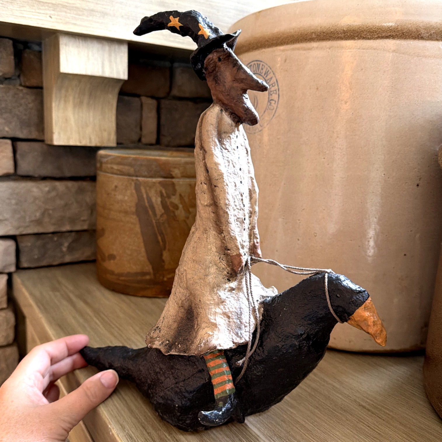 Kevin Smith Folk Art Primitive Halloween Witch Riding a Crow 12