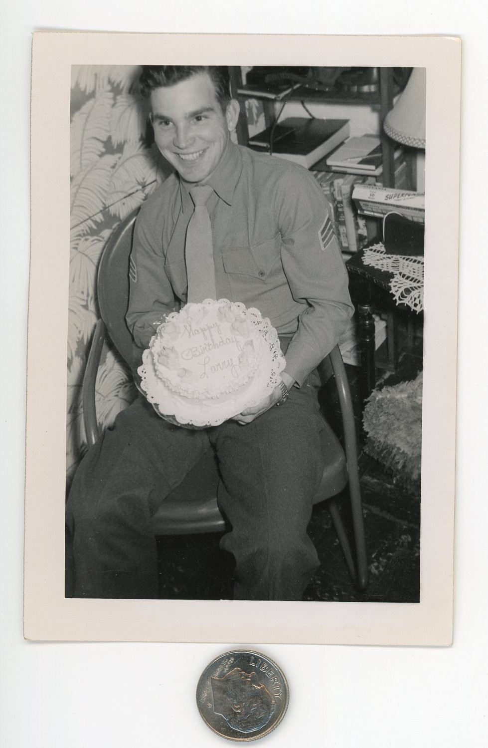 Vintage 1940\'s photo / Cute US Army SOLDIER Named Larry Holds His BIRTHDAY CAKE