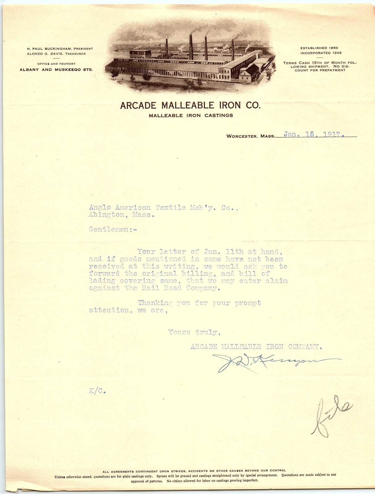 1917 Arcade Malleable Iron Co. factory letterhead 1917 Arcade Malleable Iron Co. factory letterhead