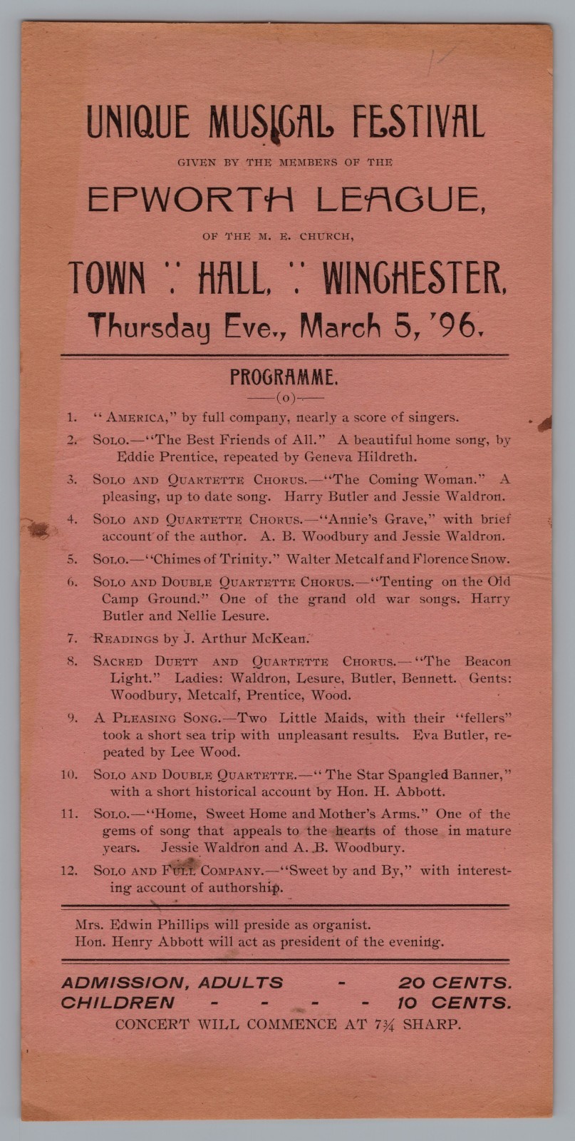 1896 Epworth League Unique Musical Festival Program Flyer Handbill Winghester