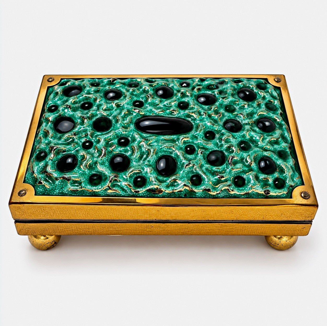 Vintage 1950s Evans Green & Gold Cloisonné Enamel Cigarette Box Mid Century
