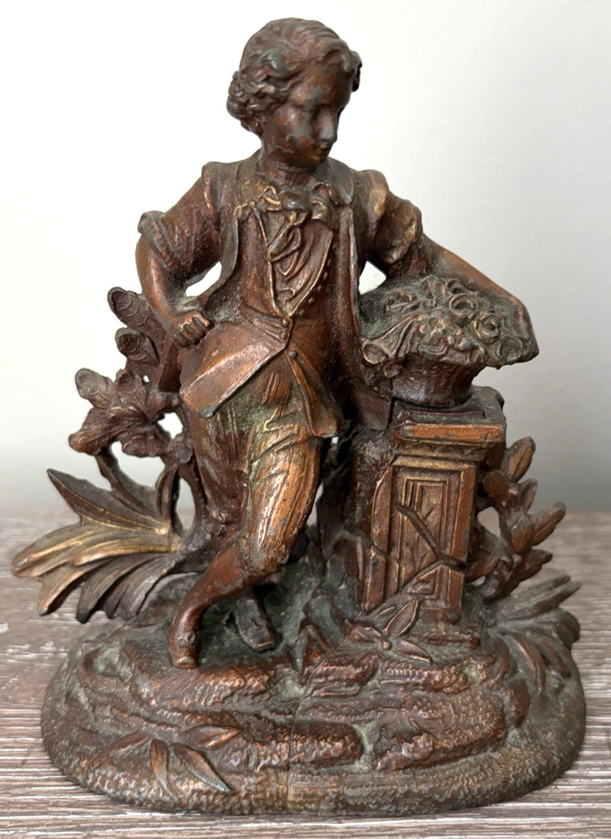 Antique Spelter Figurine Boy Holding Flower Basket Charming Heavy Vintage Antique Spelter Figurine Boy Holding Flower Basket Charming Heavy Vintage
