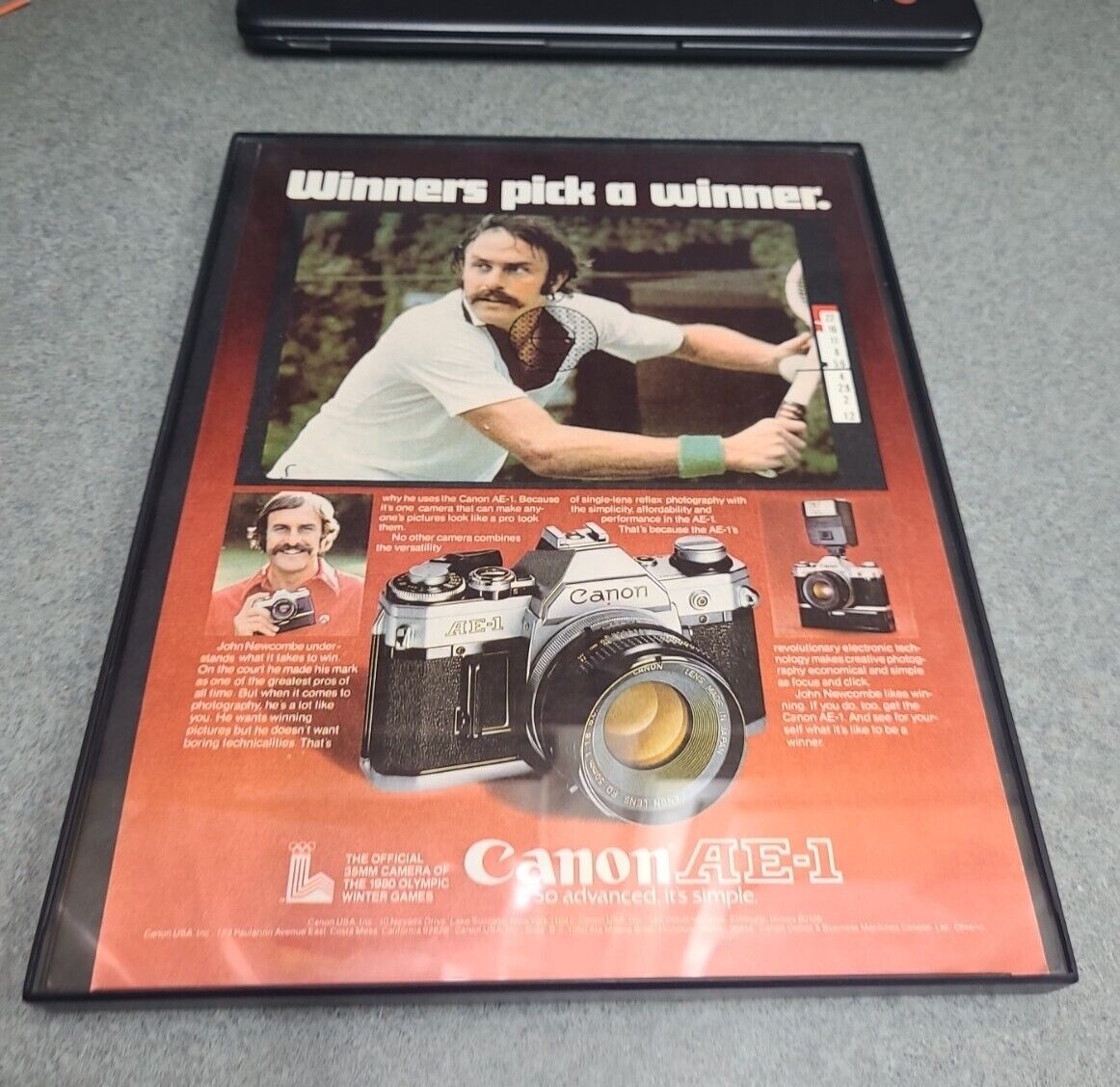 1978 Canon AE-1  Print Ad  John Newcombe tennis player Framed 8.5x11 
