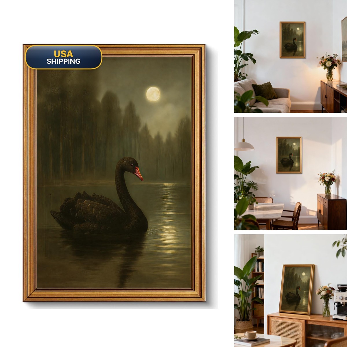 XLARTMY Framed Black Swan Wall Art Small Vintage Gold Canvas Gothic Rustic XLARTMY Framed Black Swan Wall Art Small Vintage Gold Canvas Gothic Rustic