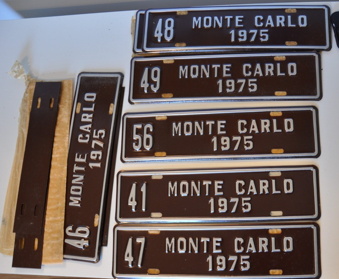 Lot 12 Vtg NEW 1975 Monte Carlo License Plate Toppers EMBOSSED STEEL 12x3 READ