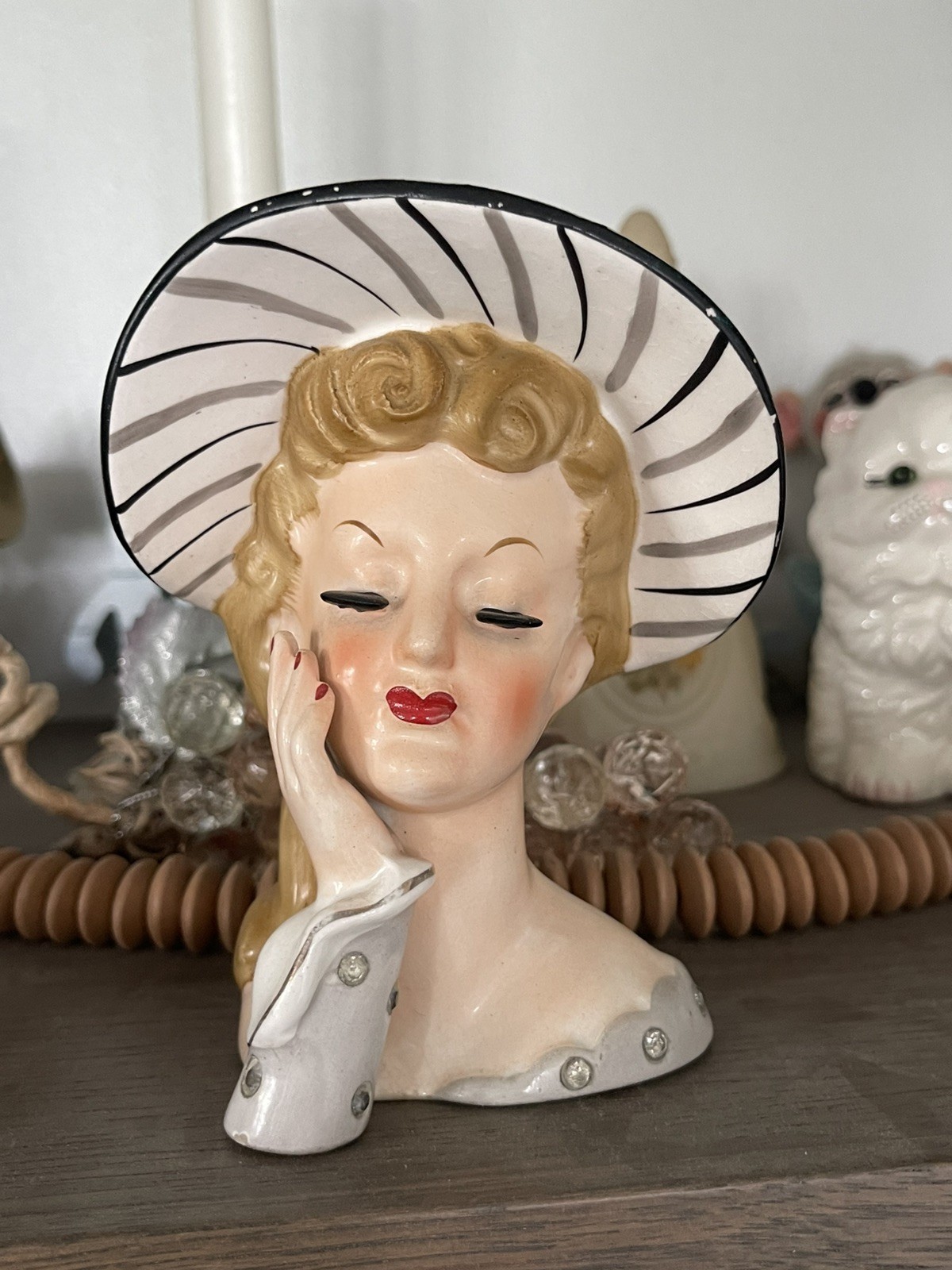 Vintage Napco 1956 Lady Head Case/Planter C1776C Striped Hat Gray Dress Gems