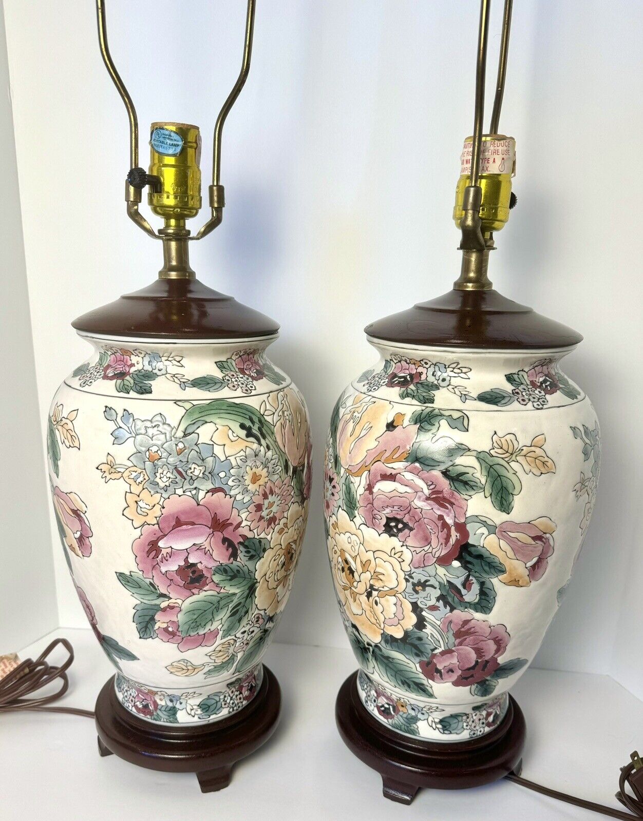 Pair Fredrick Cooper Style Raised Porcelain Floral Peony Hand Painted Lamps 27”