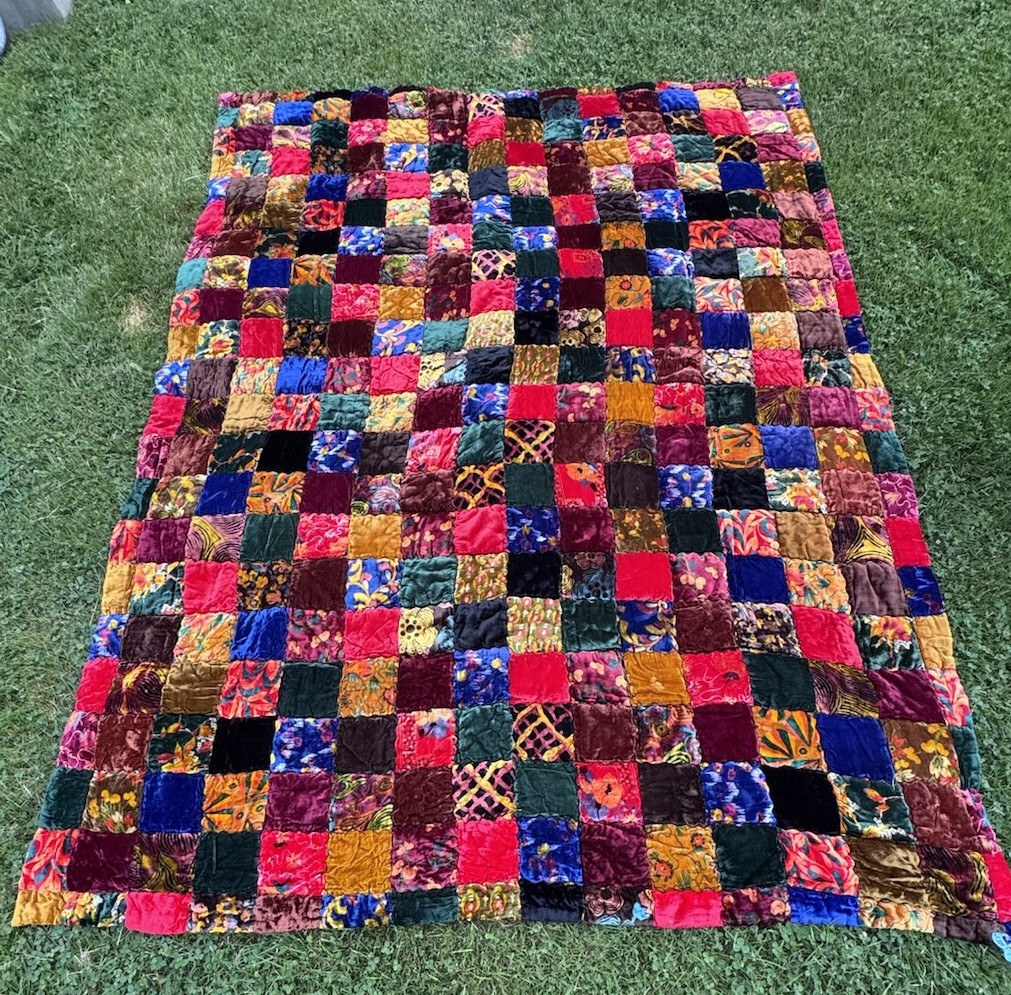 Rare 1970s Vintage Velvet Patchwork Comforter Boho Hippie Daydream Designs