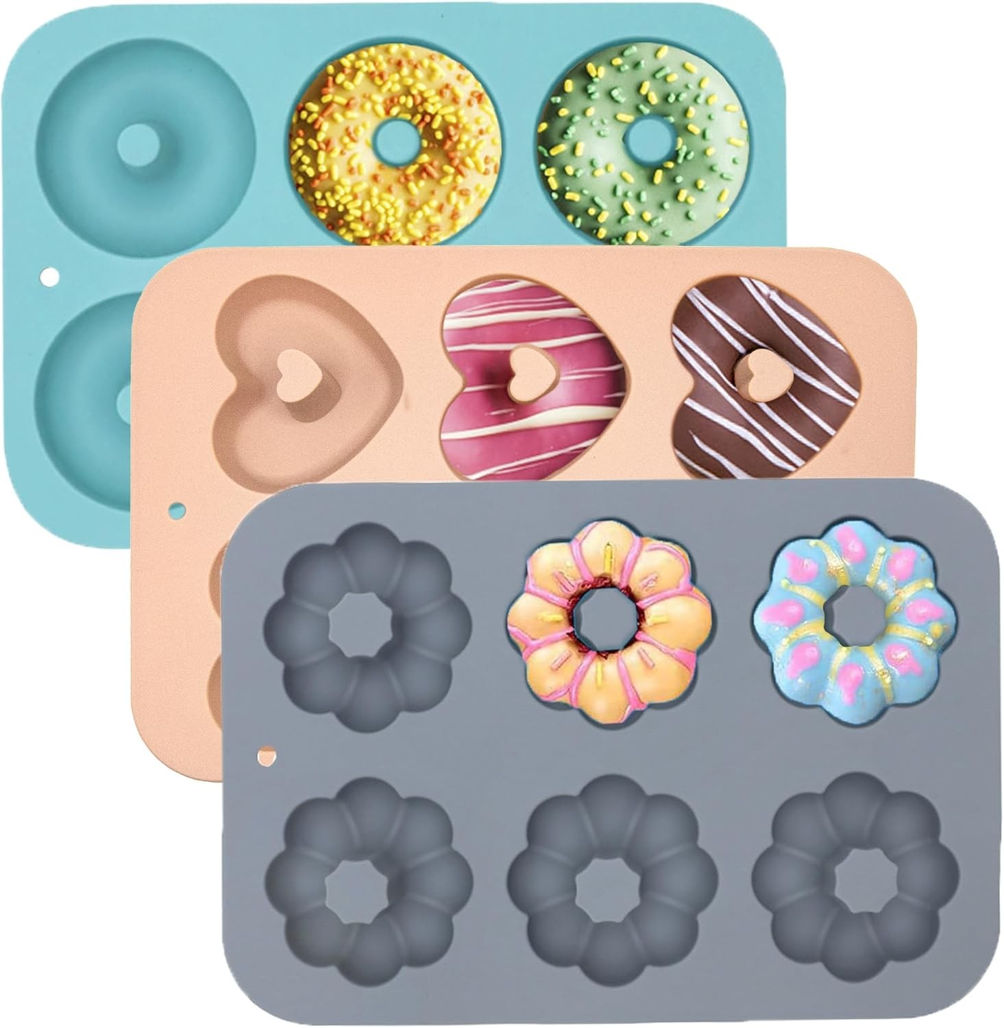 3 Pack Silicone Donut Pan 6 Cavity for Baking Blue Gray Pink 3 Pack Silicone Donut Pan 6 Cavity for Baking Blue Gray Pink