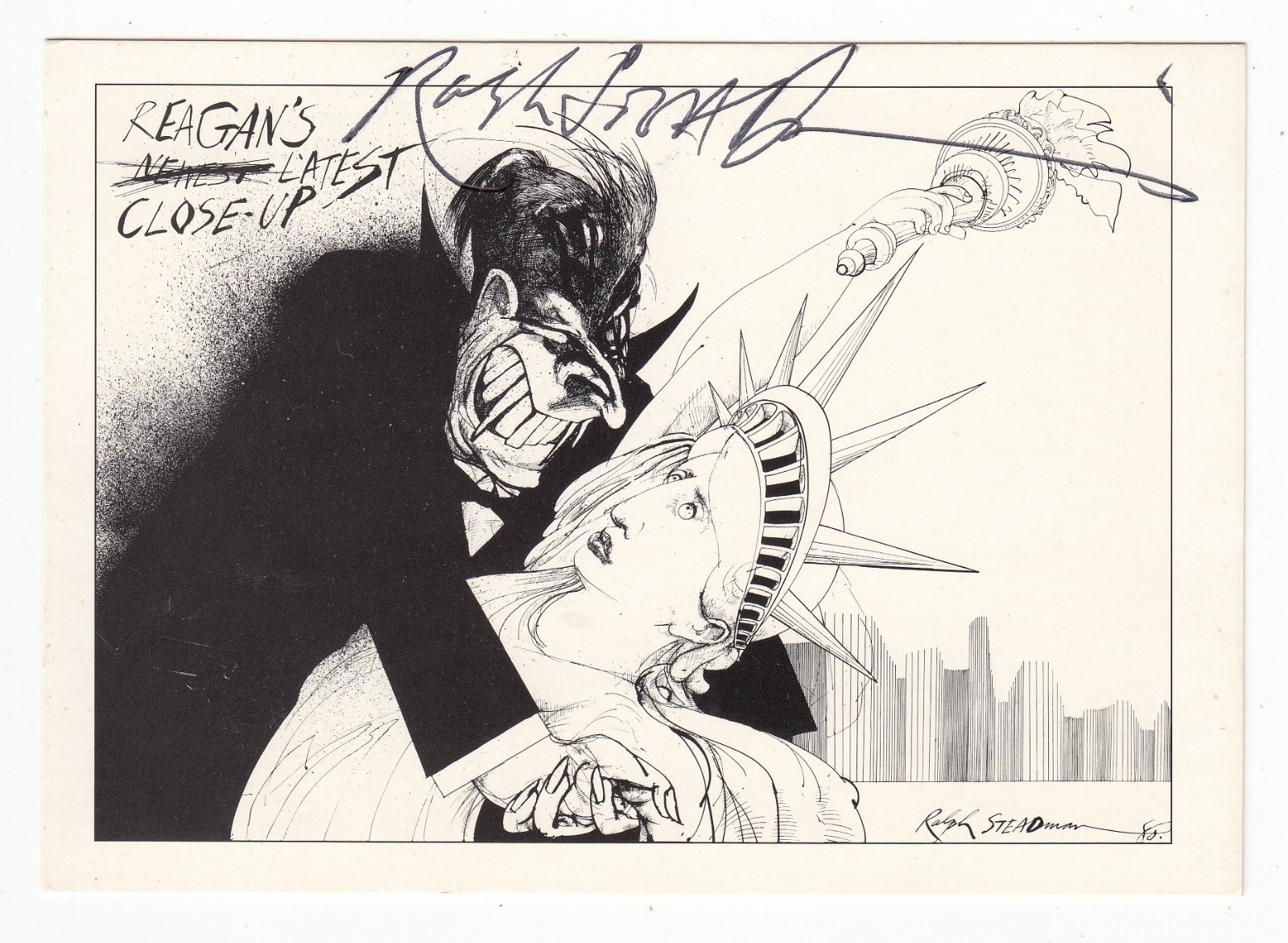 Ralph Steadman Cartoonist SIGNED AUTOGRAPHED Postcard Ronald Reagan 1983 Ralph Steadman Cartoonist SIGNED AUTOGRAPHED Postcard Ronald Reagan 1983