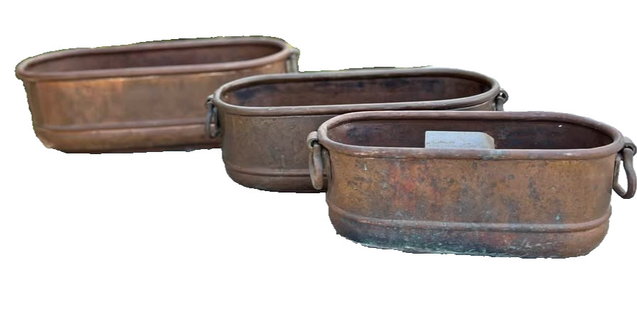 Set of 3 HEAVY vintage or antique copper & brass oval planter pots