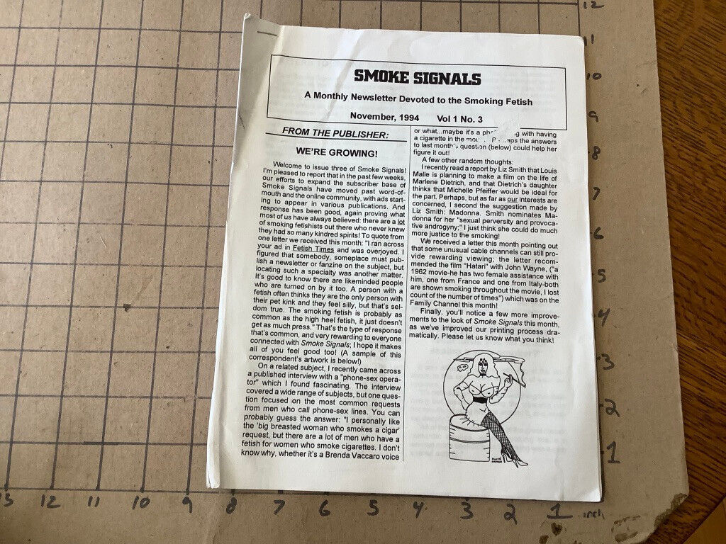 Original Zine: SMOKE SIGNALS nov 1994; #3; SMOKING FETISH Newsletter 11pgs RARE