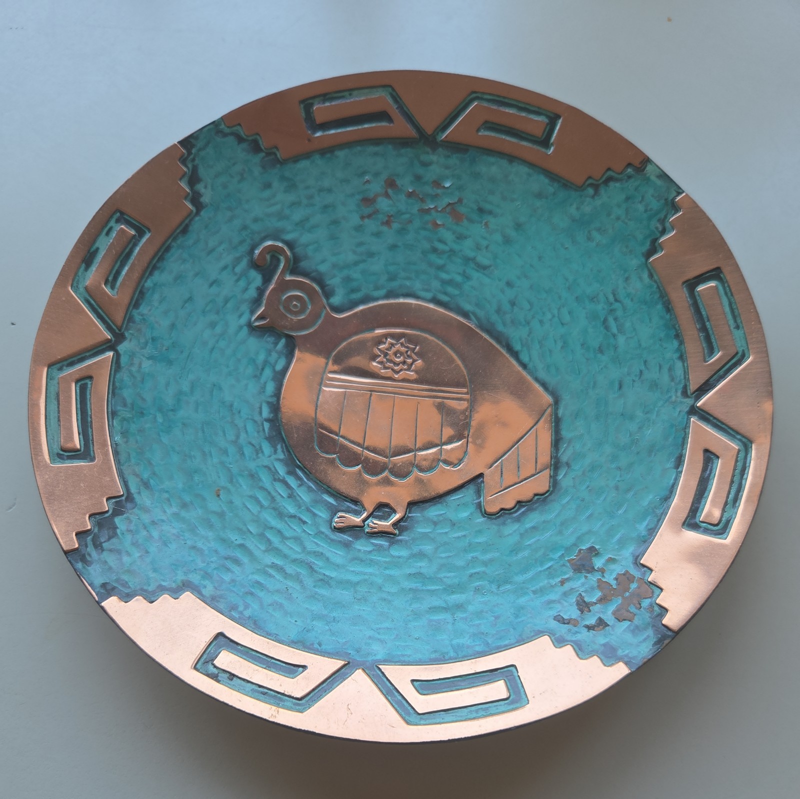 Vintage Handcrafted Patina Quail Healing Medicine Plate Copper