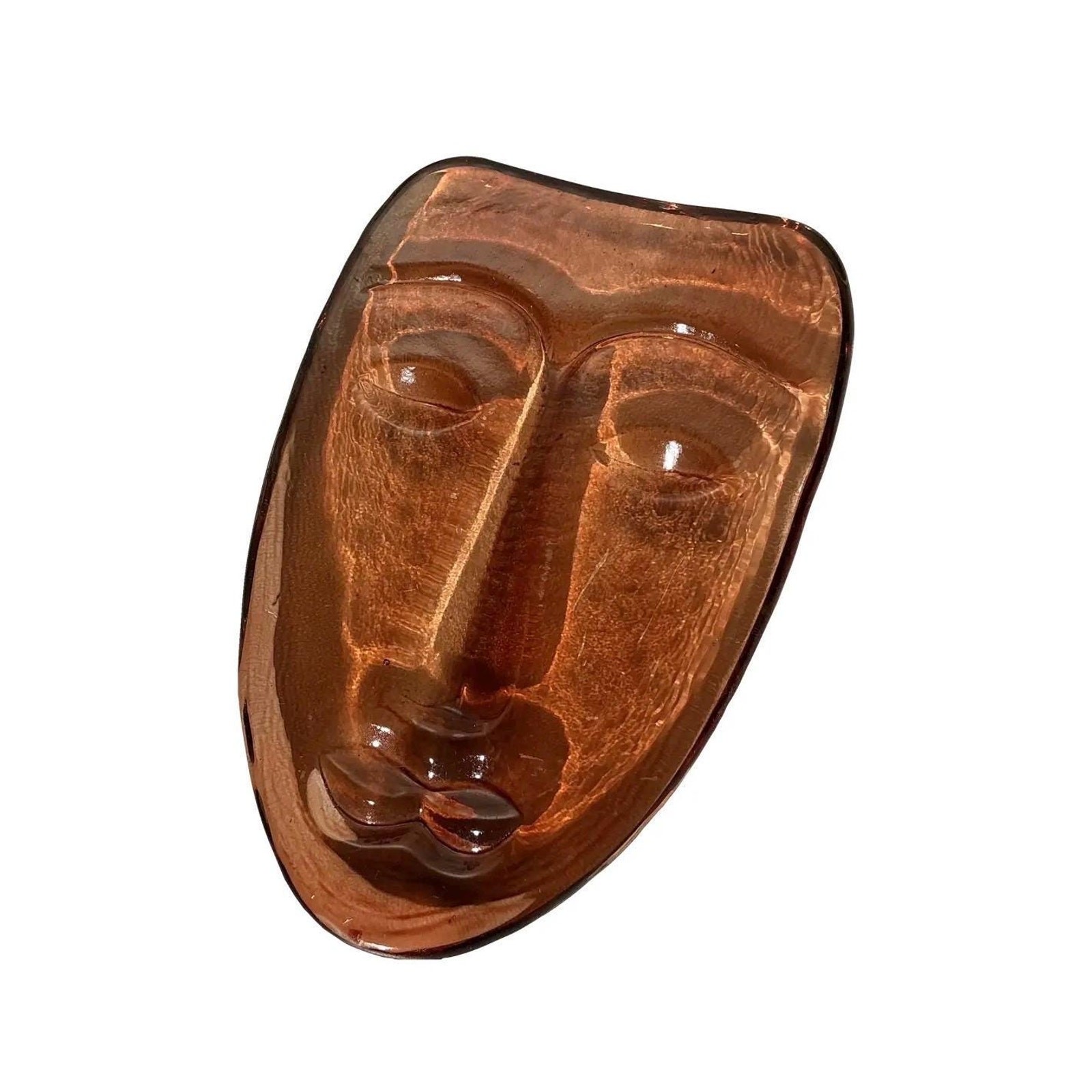 Vintage Amber Art Glass Face Mask Sculpture | Mid Century Modern Wall Art Object